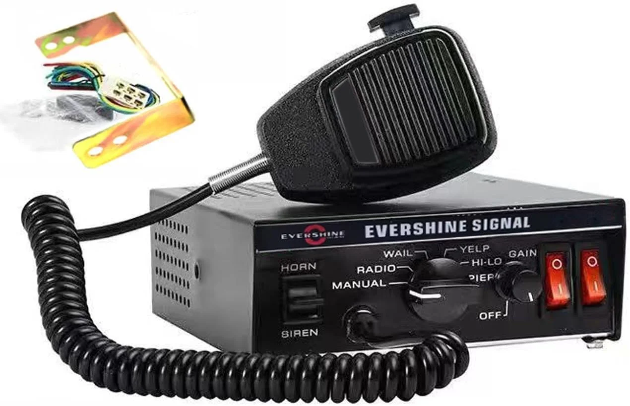 Evershine Signal 12V 100W Police Siren PA System Kit with Heavy Duty Siren Amplifier Flat Speaker Hanheld Mirophone 7 Tones Warning Emergency Siren for Vehicles Tow Truck UTV ATV Van Car POV RV
