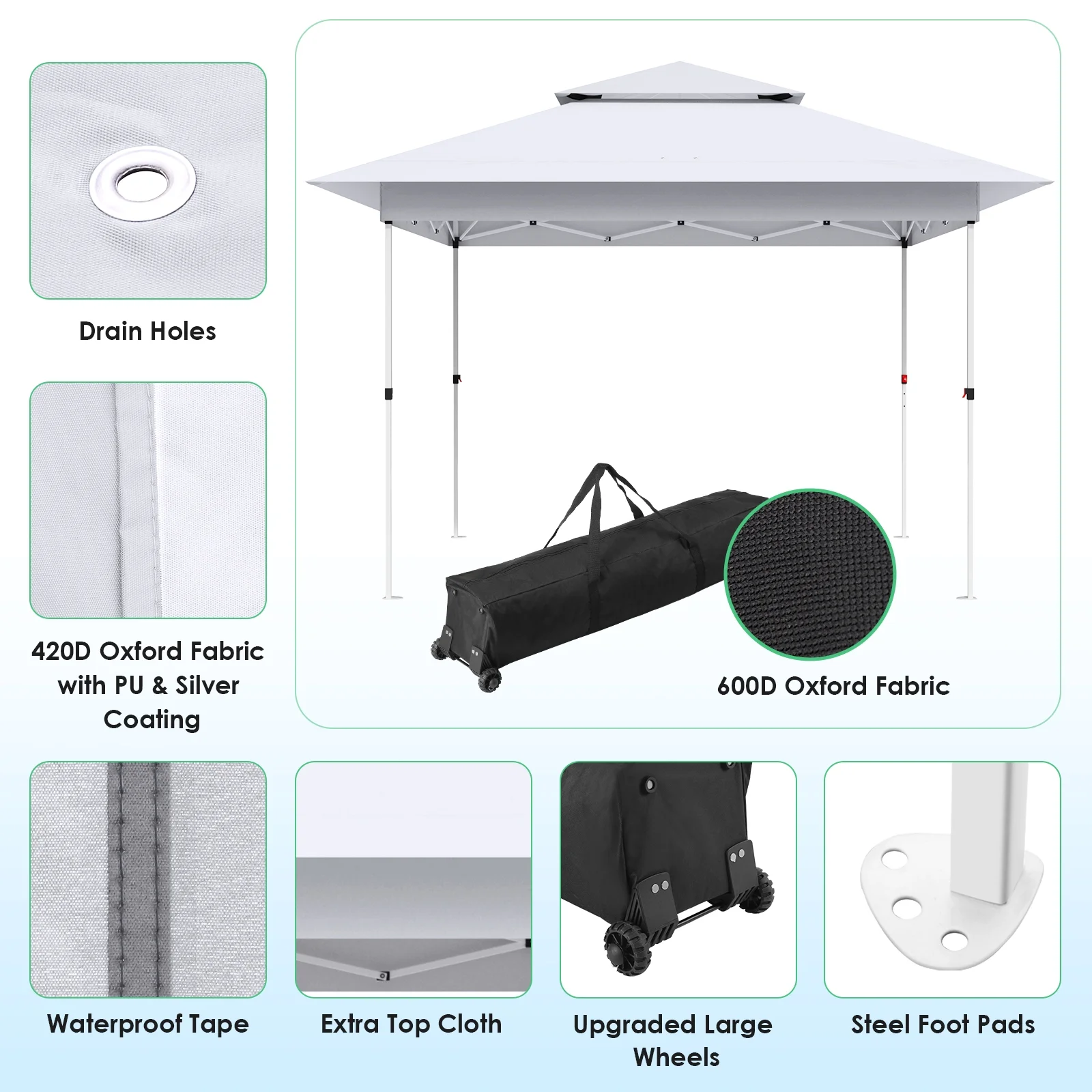 Pirecart 12' x 12' Pop-up Canopy Tent Waterproof Outdoor Gazebo Shelter with Wheeled Bag, Instand Canopy , White - Image 14