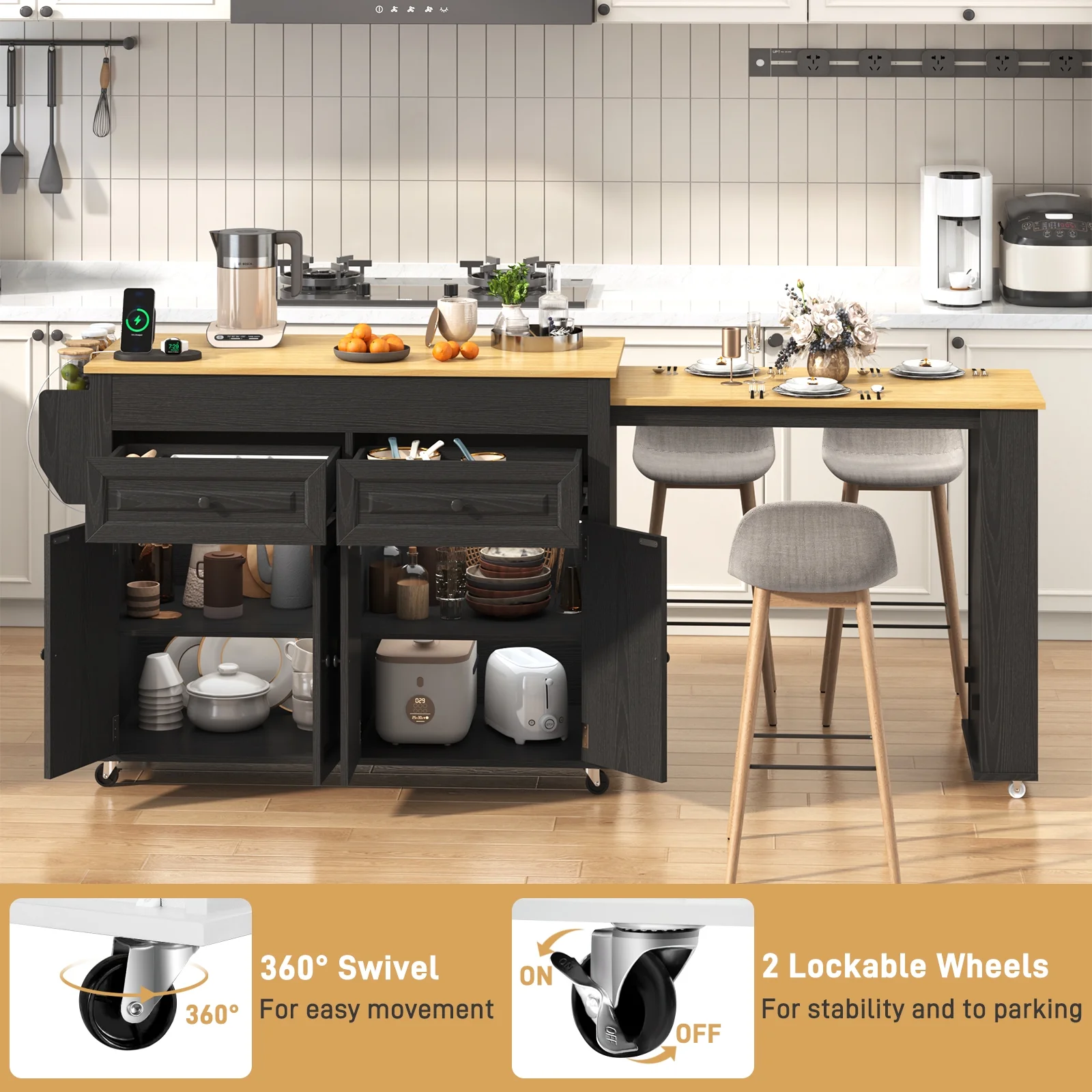 ANPOO Large Kitchen Island with Extendable Dining Table and Power Outlet, Rolling Kitchen Island Cart on Wheels with 2 Storage Cabinets & 2 Drawers & 3 Spice Racks, Island Table for Kitchen - Image 7