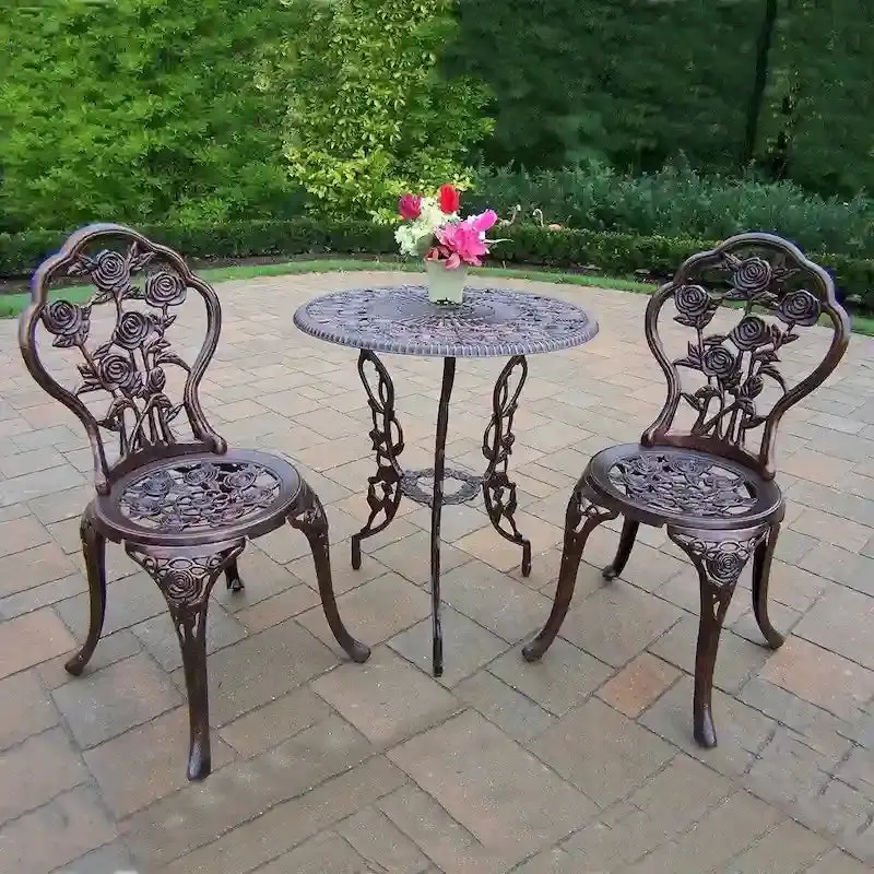 Camellia Cast Aluminum 3-Piece Bistro Set With Table And 2 Chairs - Antique Bronze - Image 2 Camellia Cast Aluminum 3-Piece Bistro Set With Table And 2 Chairs - Antique Bronze - Image 2