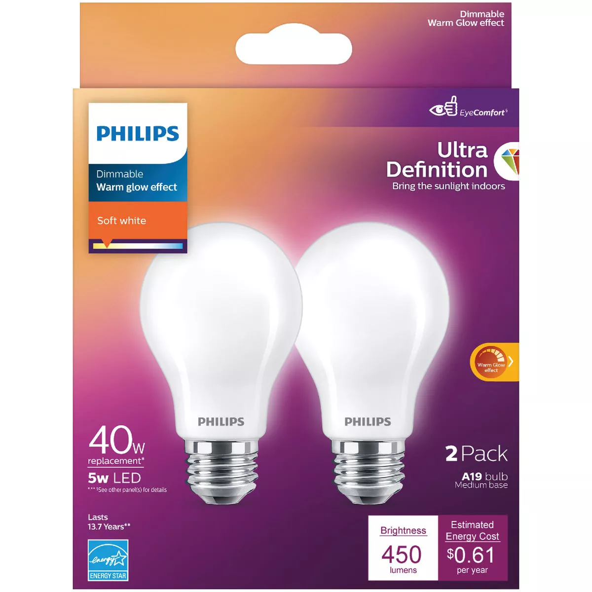 Philips Ultra Definition Warm Glow 40W Equivalent Soft White A19 Medium LED Light Bulb (2-Pack)