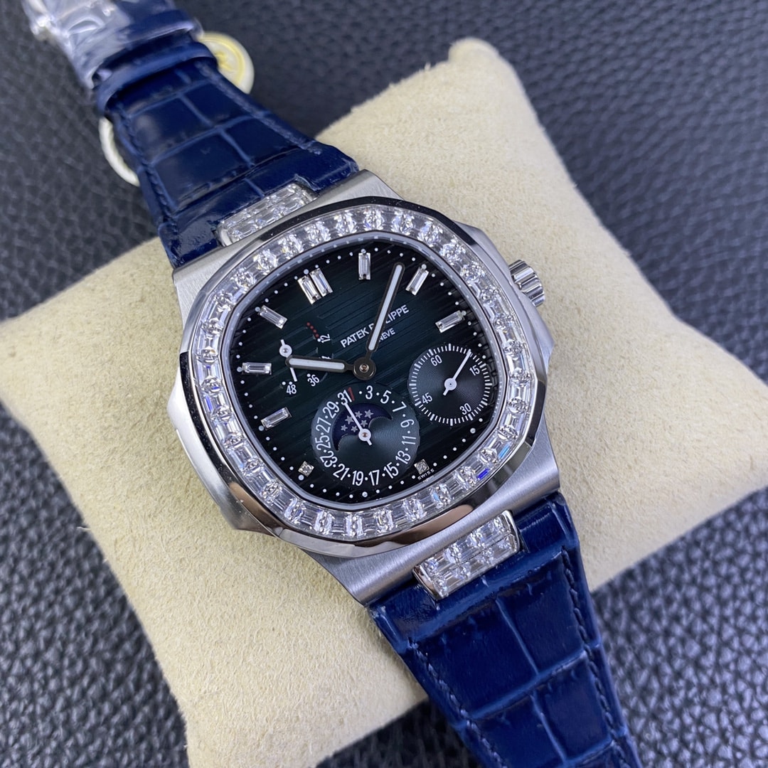 Fake Patek Philippe Replica Watch 5724G-001 Nautilus 40mm Black-Blue Baguette Diamond Bezel Moon Phase Date White Gold Leather Automatic GRF(1:1 replica) - Top club