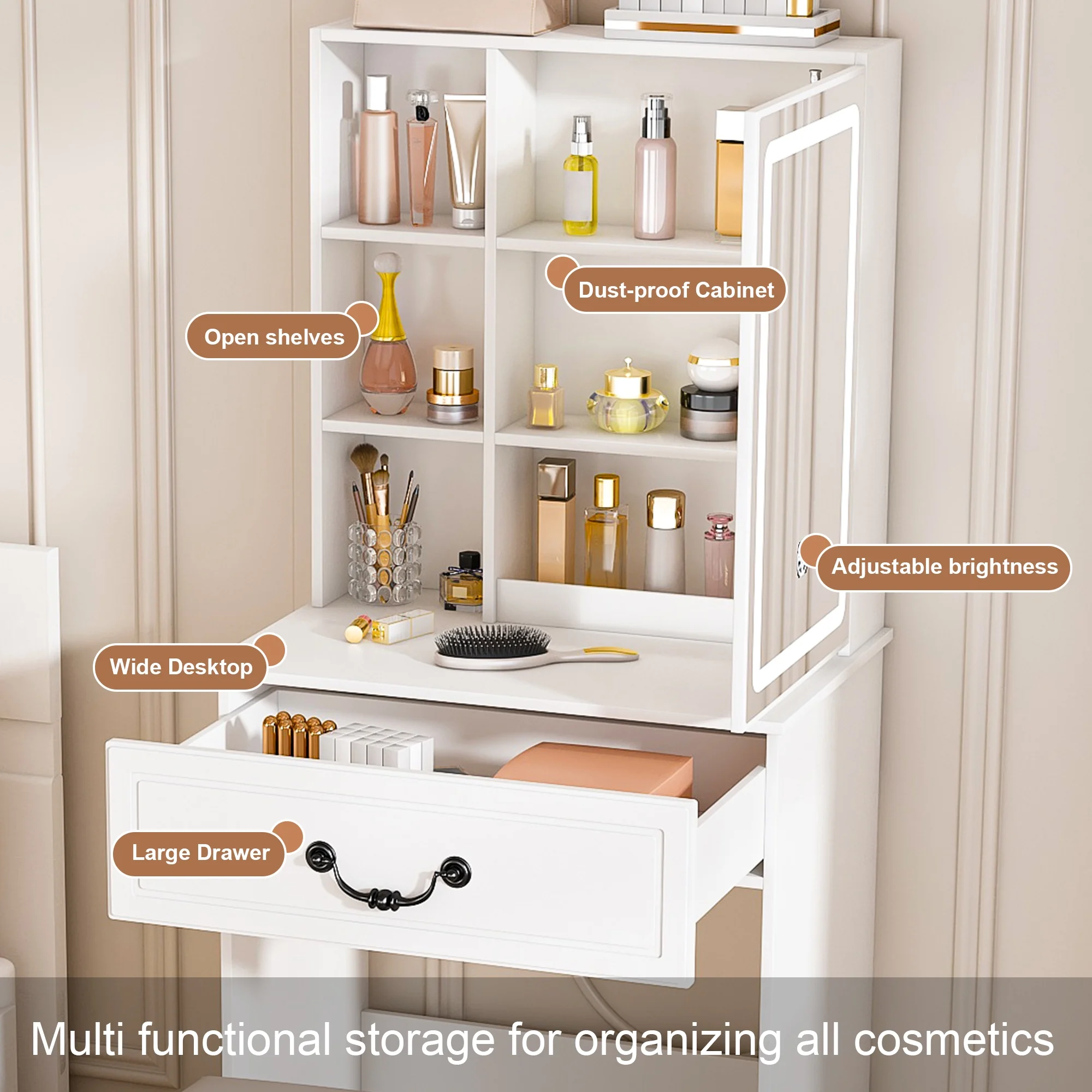 Montary Modern Mini Vanity w/Adjustable LED Mirror + Hidden Storage, Padded Stool & Dustproof Shelves (White) - Image 4