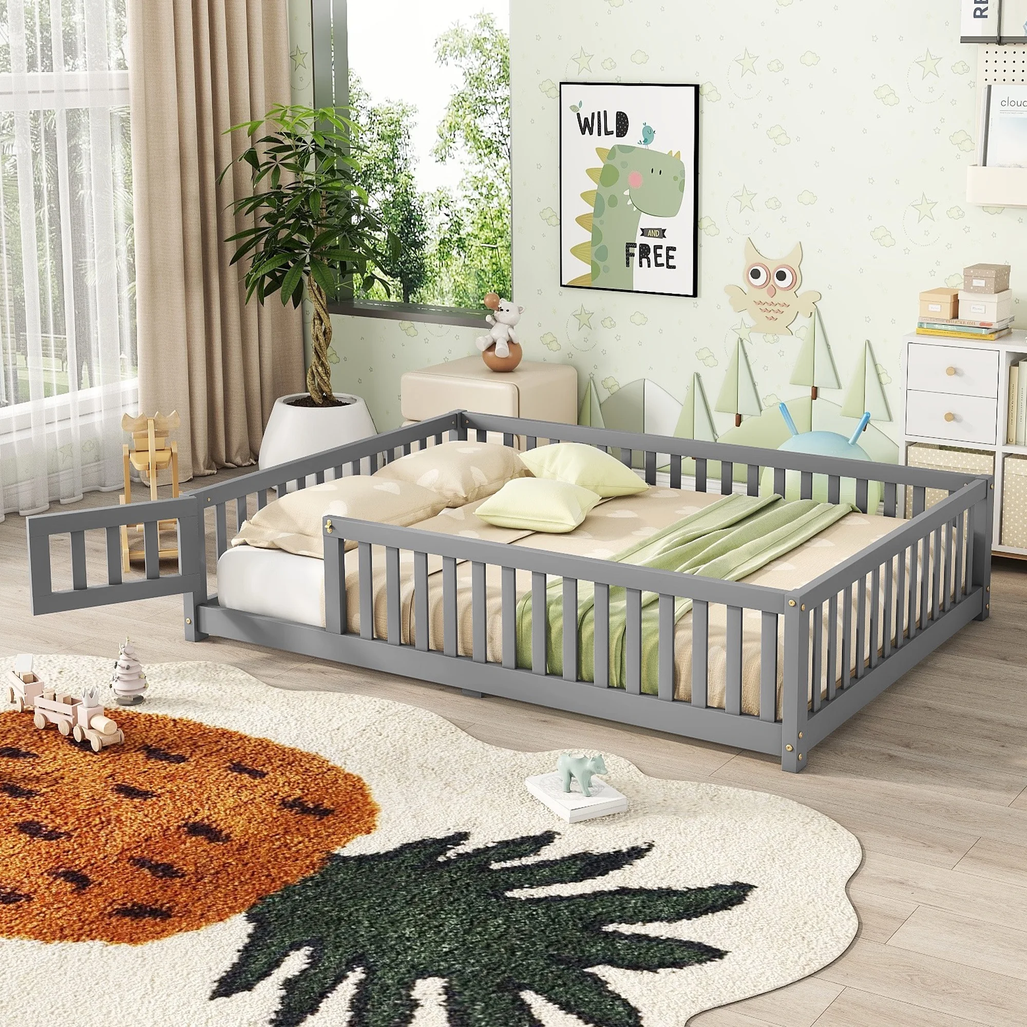 Bellemave Full Size Floor Bed with Door and Fence Floor Bed with Bed Slats Sturdy Wood Floor Bed Montessori Bed Frame (Full, Pink) - Image 29