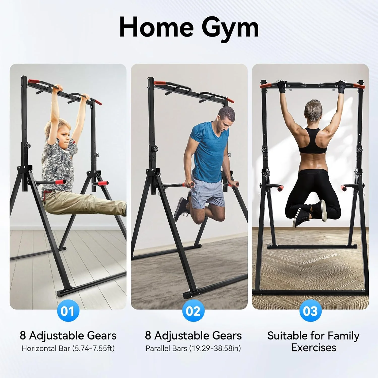 Power Tower Pull Up Bar Station Foldable Pull Up Rack Dip Station 5.74-7.55ft Height Adjustable Home Strength Training Fitness Workout Equipment, Up to 440lbs (With double bars) - Image 4