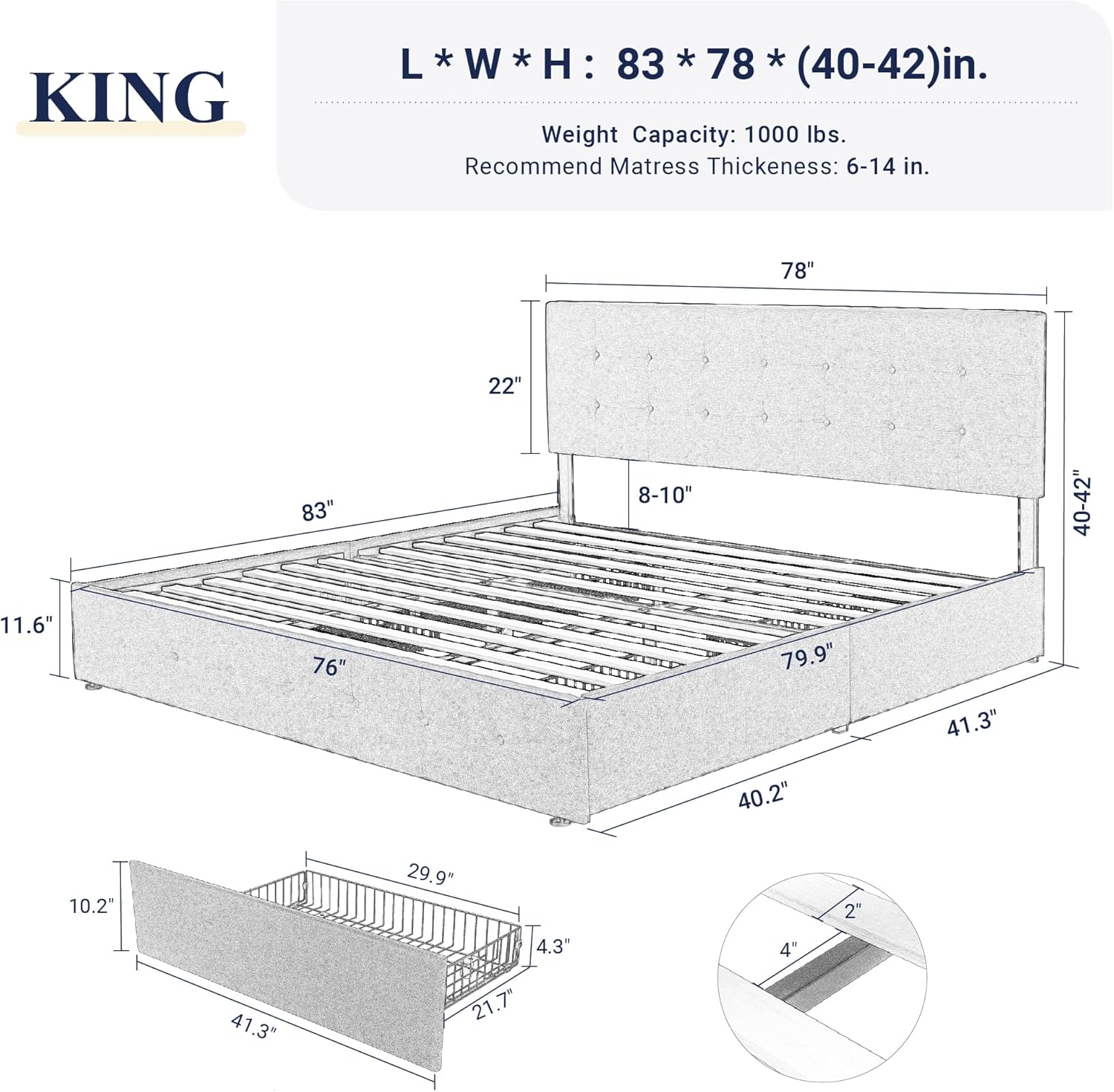 Allewie Upholstered King Size Platform Bed Frame with 4 Storage Drawers and Headboard, Square Stitched Button Tufted, Mattress Foundation with Wooden Slats Support, No Box Spring Needed, Beige
