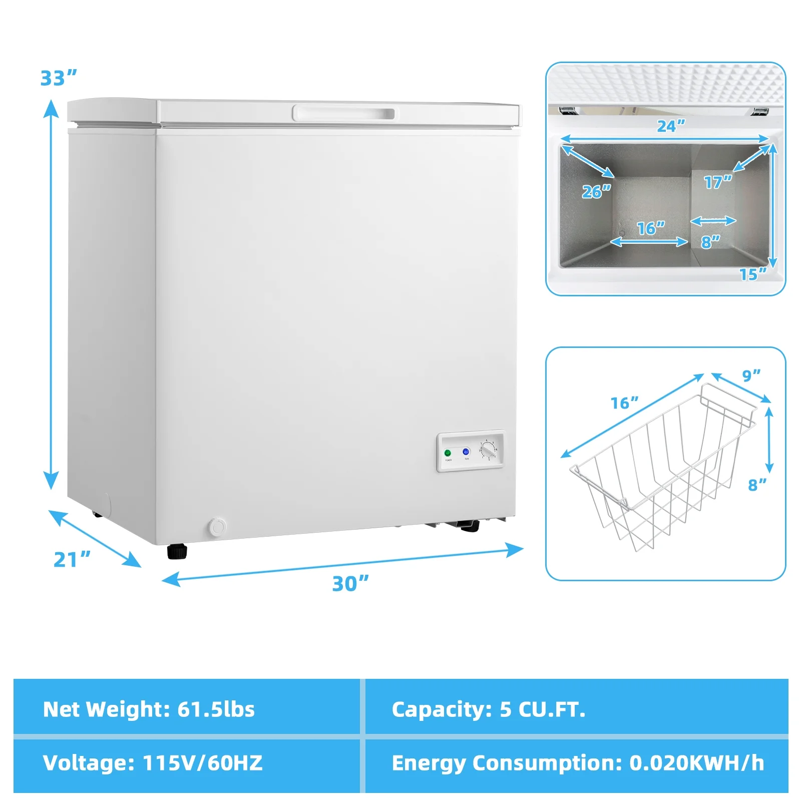 Giantex 5 Cu Ft Chest Freezer, Freestanding & Flip Top Chest Freezer w/ 7 Temperature Settings, Removable Sliding Basket Included, Compact Deep Chest Freezer - Image 3
