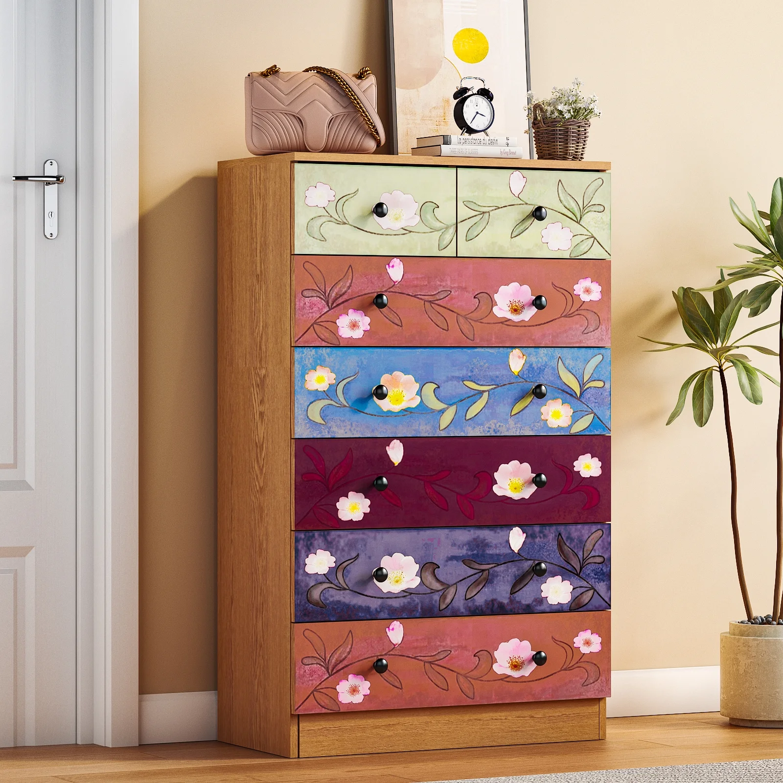 Ktaxon Wood 6-Drawer Dresser Organizer for Bedroom Storage Tower for Entryway Hallway Closet, Tall Chest Organizer Unit with Wood Bins, Floral Painted Wooden - Image 11