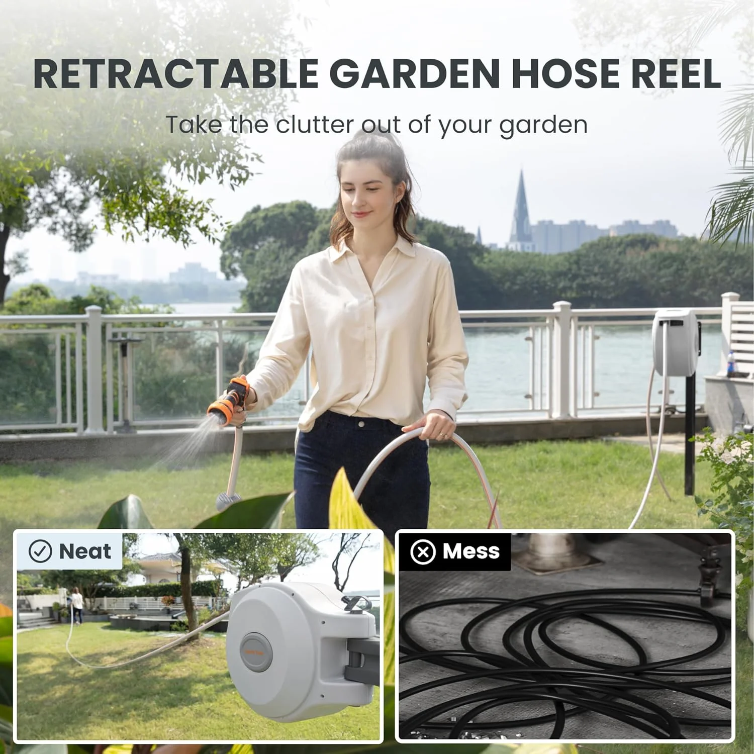 Giraffe Tools Retractable Garden Hose Reel with 1/2in-100ft Water Hose, Plastic Bracket, Wall Mounted, Dark Grey - Image 56