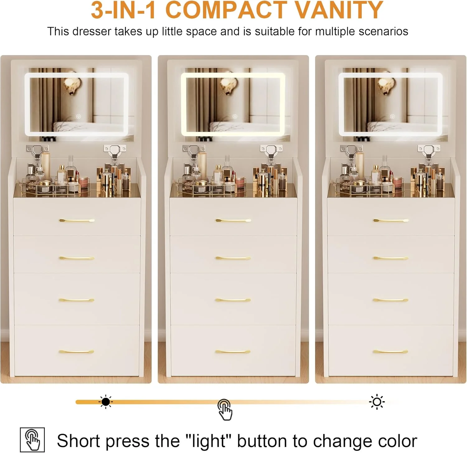 Montary Modern Mini Vanity w/Adjustable LED Mirror + Hidden Storage, Padded Stool & Dustproof Shelves (White) - Image 122