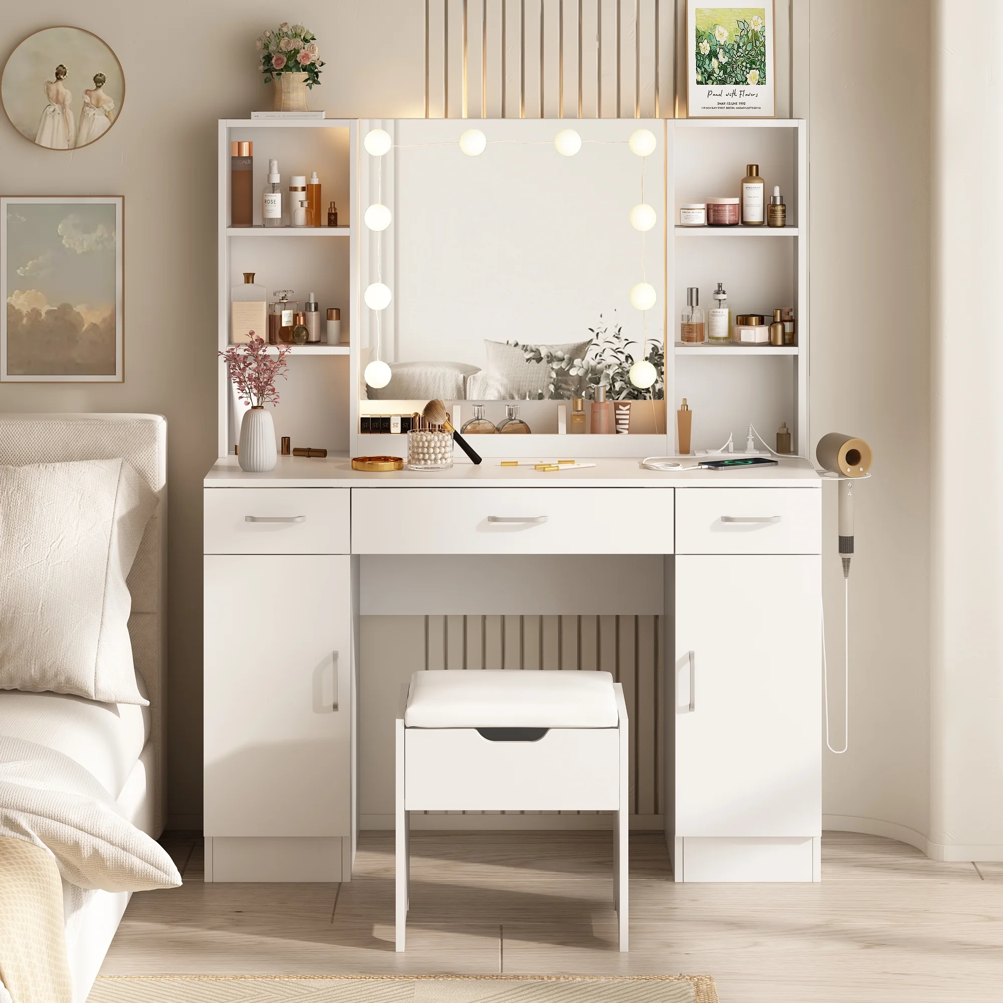 VEANERWOOD Large Makeup Vanity Set with Light Modern Makeup Vanity Table with Storage and Adjustable Lighting Colors for Bedroom 45.2in, White - Image 22