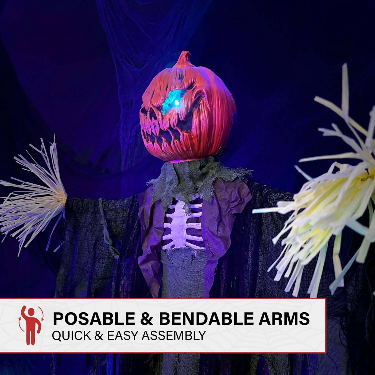 Haunted Hill Farm Life-Size Poseable 6.7-Ft. Pumpkin Scarecrow with Lights and Sound, Indoor or Covered Outdoor Halloween Decoration - Image 5 Haunted Hill Farm Life-Size Poseable 6.7-Ft. Pumpkin Scarecrow with Lights and Sound, Indoor or Covered Outdoor Halloween Decoration - Image 5