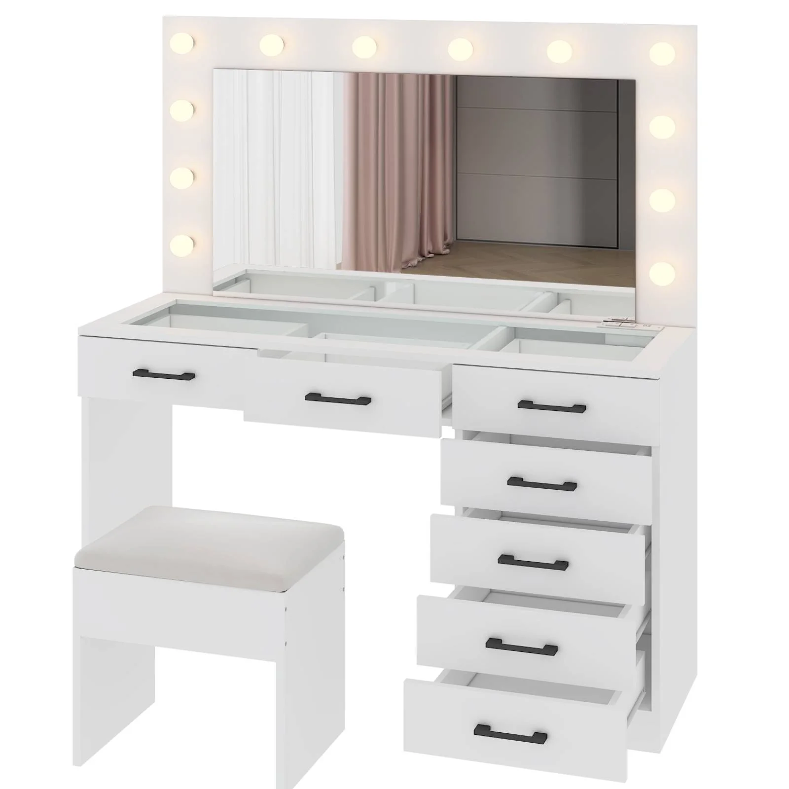 Ktaxon Large Makeup Vanity, Vanity Table Set w/ Visible Glass Top w/ Charging Station, White - Image 47