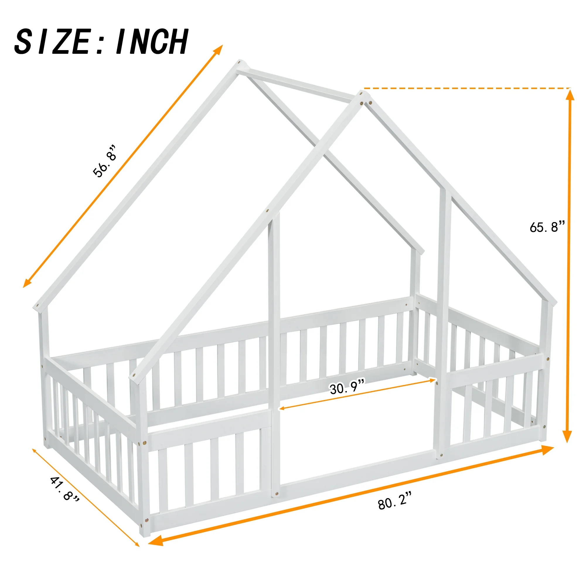 Bellemave Twin Size Floor Bed Frame, Wooden House Bed Twin Size with Fence, Montessori Bed with Guardrails for Bedroom (White) - Image 4