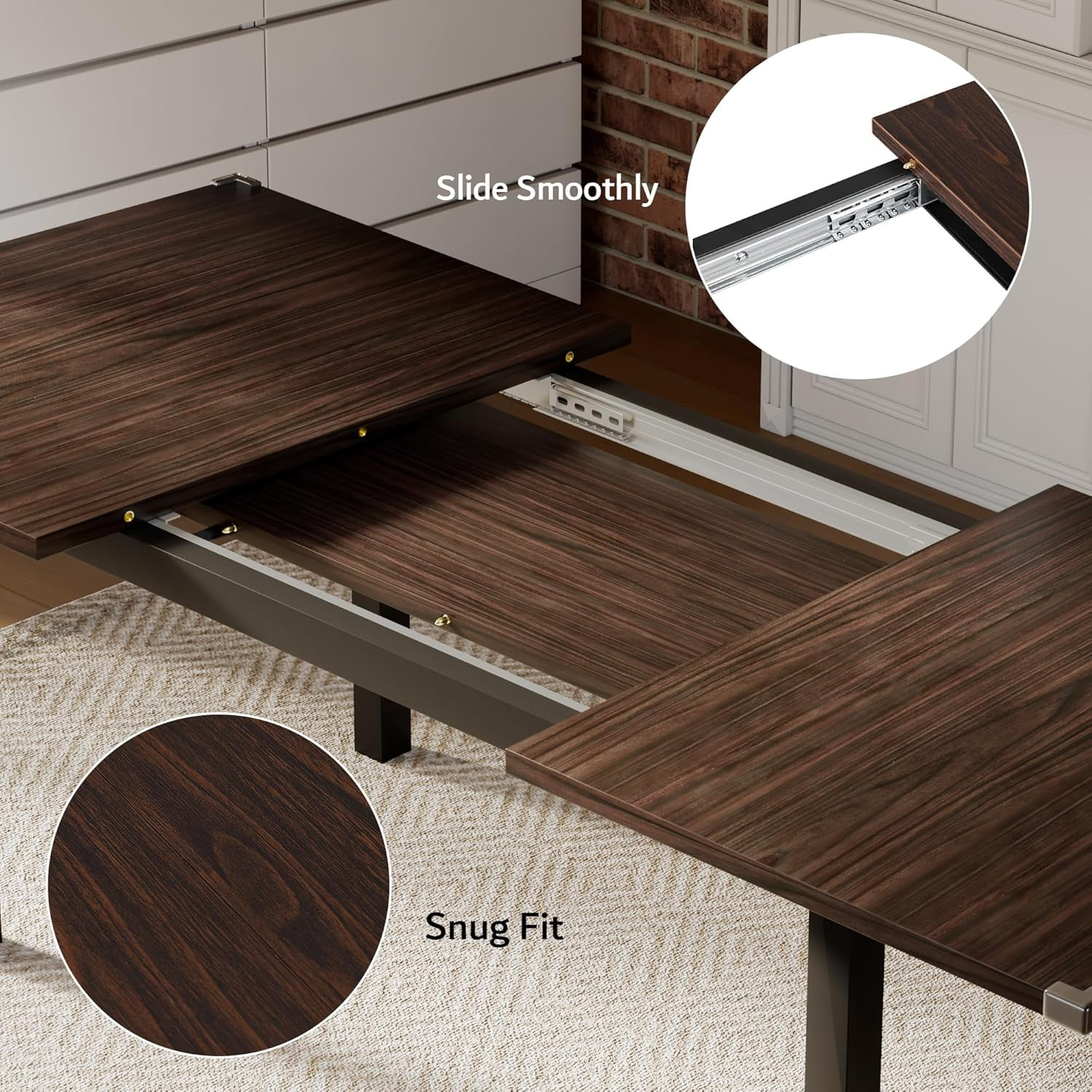 iPormis 63" Extendable Dining Table for 4-8, Square Wooden Dining Room Table with Metal Base, Modern Extendable Table for Small Kitchens, Dining Office Areas, Black - Image 25