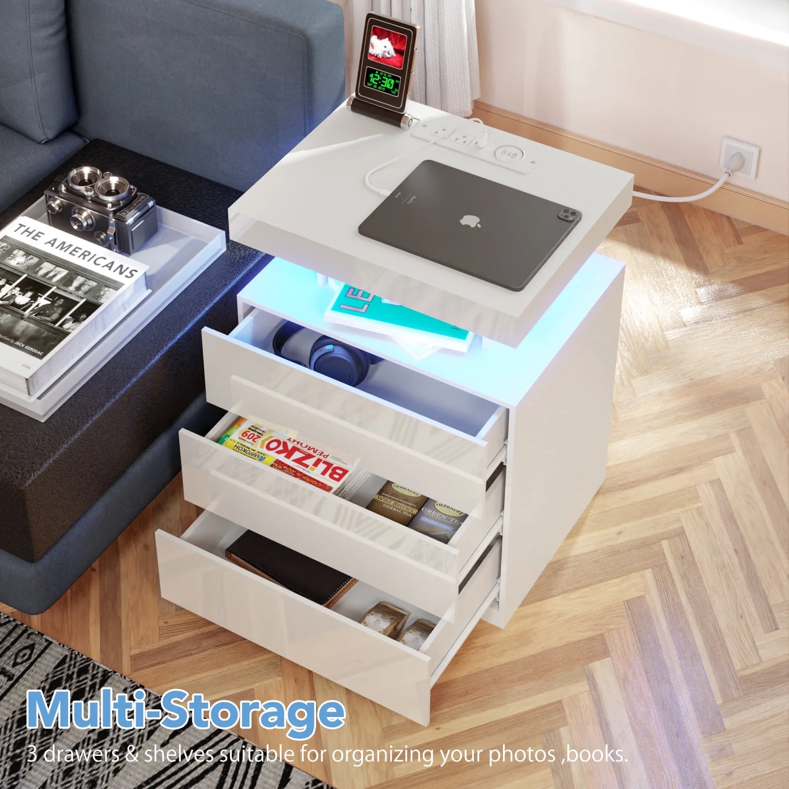 Hommpa LED Nightstand Wireless Charging Station USB Type C Outlets Bedside Table 3 Drawers Black Night Table Modern Smart Nightstand High Gloss End Side Table for Bedroom Furniture 26.8" Tall - Image 35