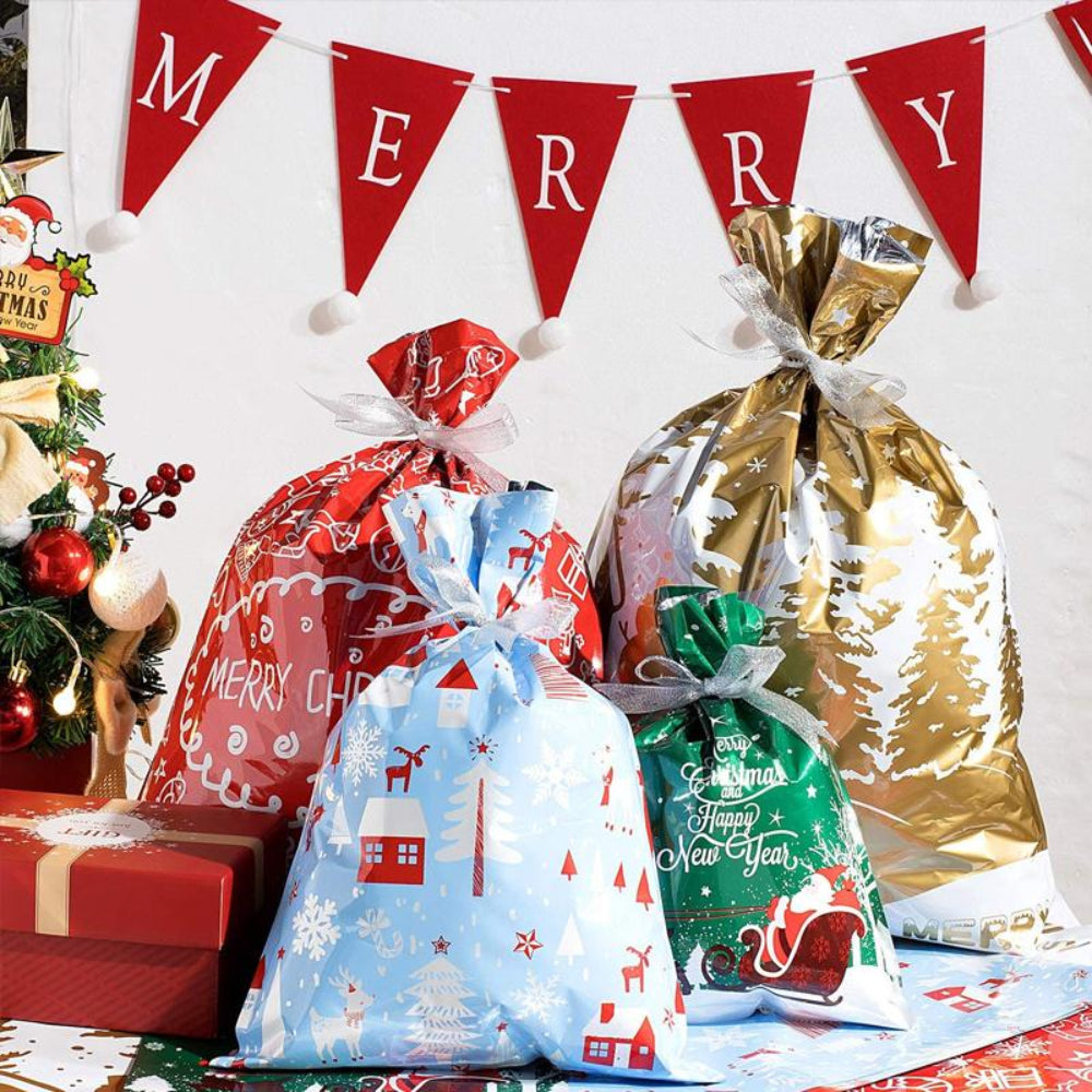 Herbruikbare Kerstcadeauzakjes van Aluminiumfolie – Milieuvriendelijk Inpakken in Diverse Maten met Zilverlint