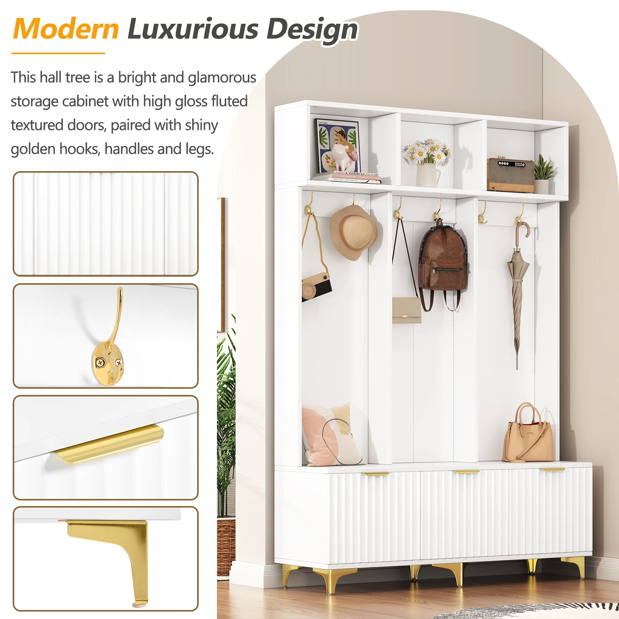 Euroco Modern Hall Tree with High Gloss Fluted Doors, Gold Accents, Shoe Storage & Bench a?? Entryway Organizer with Cubbies and Coat Hooks - Image 14