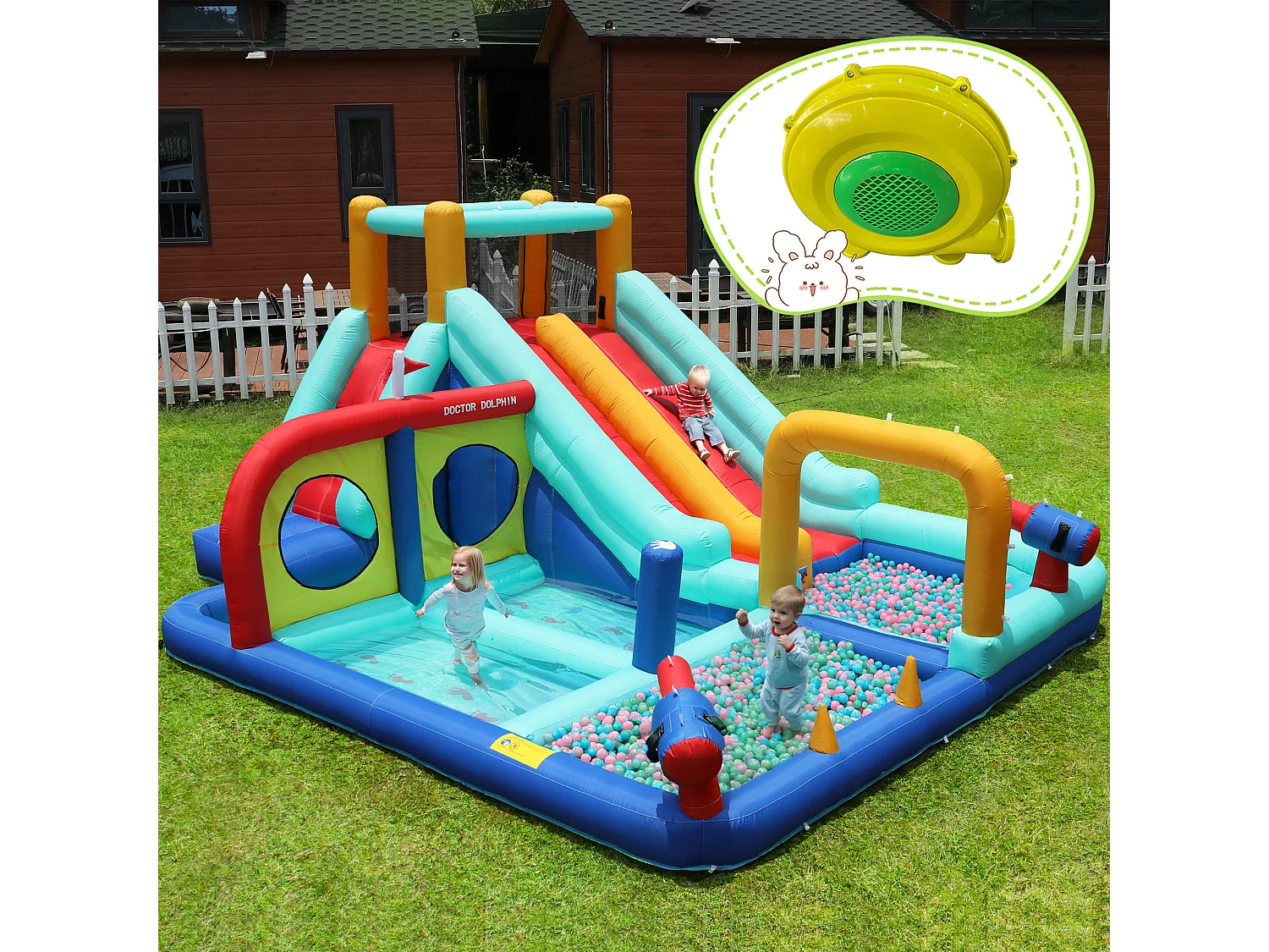 Château gonflable enfant parc aquatique avec souffleur ,toboggan et mur d'escalade - Tissu Oxford bleu