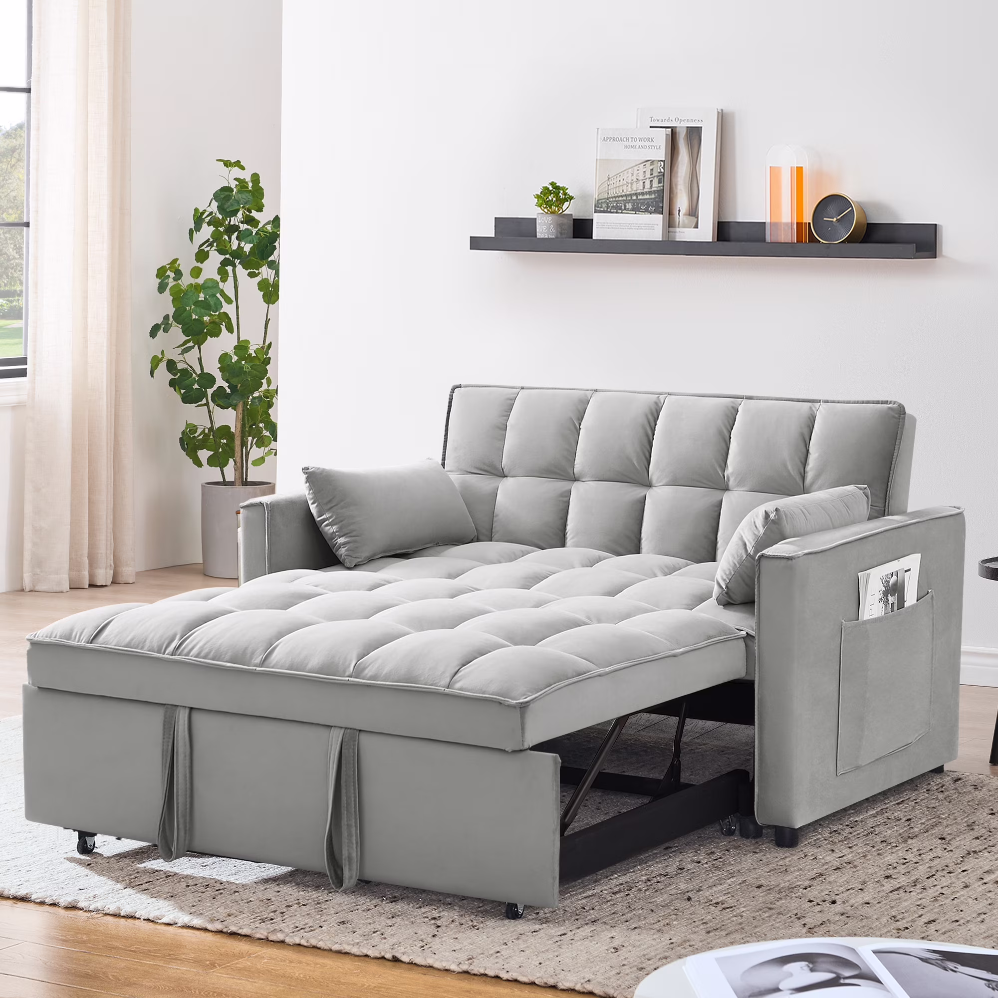 Convertible Sofa Bed,3-in-1 Sleeper Sofa with Pull Out Bed,Velvet Highly Elastic Sponge Futon Couch Loveseat with Adjustable Backrest and 2 Pillows for Living Room,Gray - Image 3