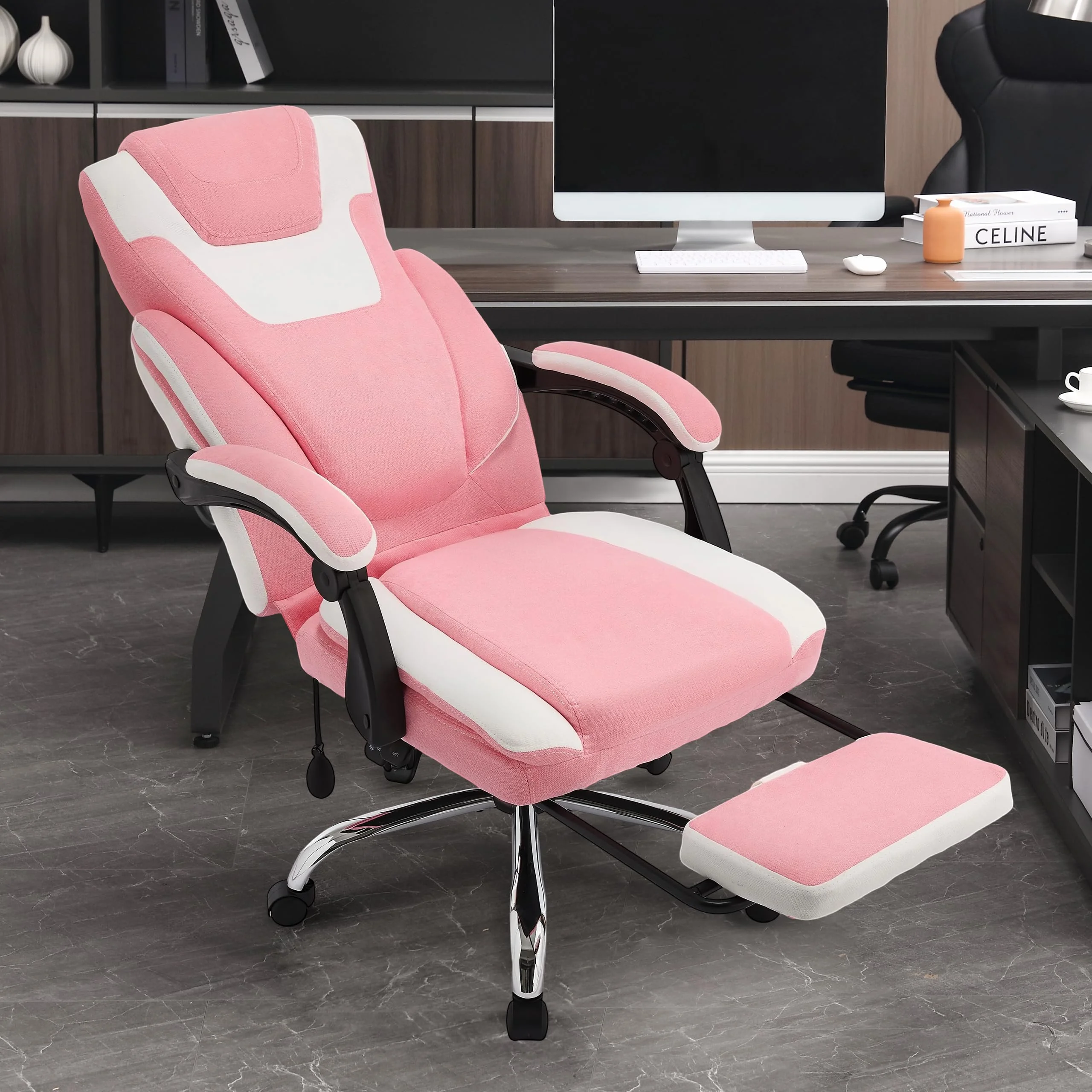 JONPONY Big and Tall Office Chair 400lbs, Executive Reclining Office Chairs with Footrest, High Back Home Office Chair Thick Padded Armrests, Ergonomic Adjustable Lumbar Support, PinkWhite - Image 6