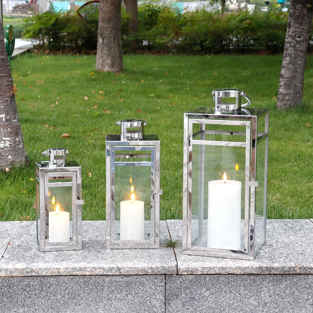 Stainless Steel Lantern Set of 3 12/15/19" Metal Lanterns with Tempered Glass for Parties & Events (Silver ) - Image 9