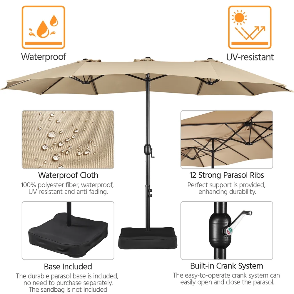 Topeakmart 13ft Patio Parasol Canopy with Crank, Tan - Image 4