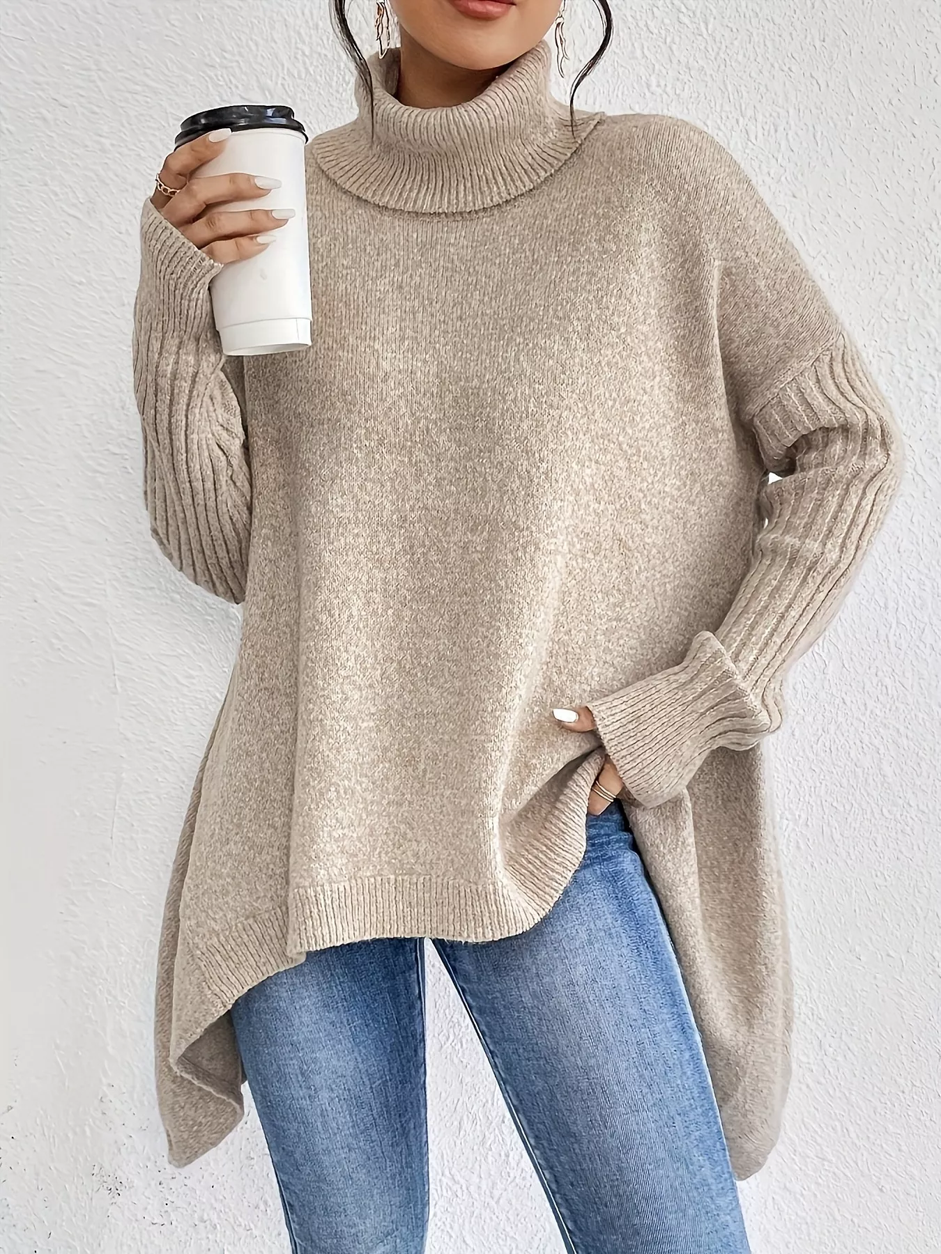 Turtleneck High-Low Hem Sweater - ZKZOOK
