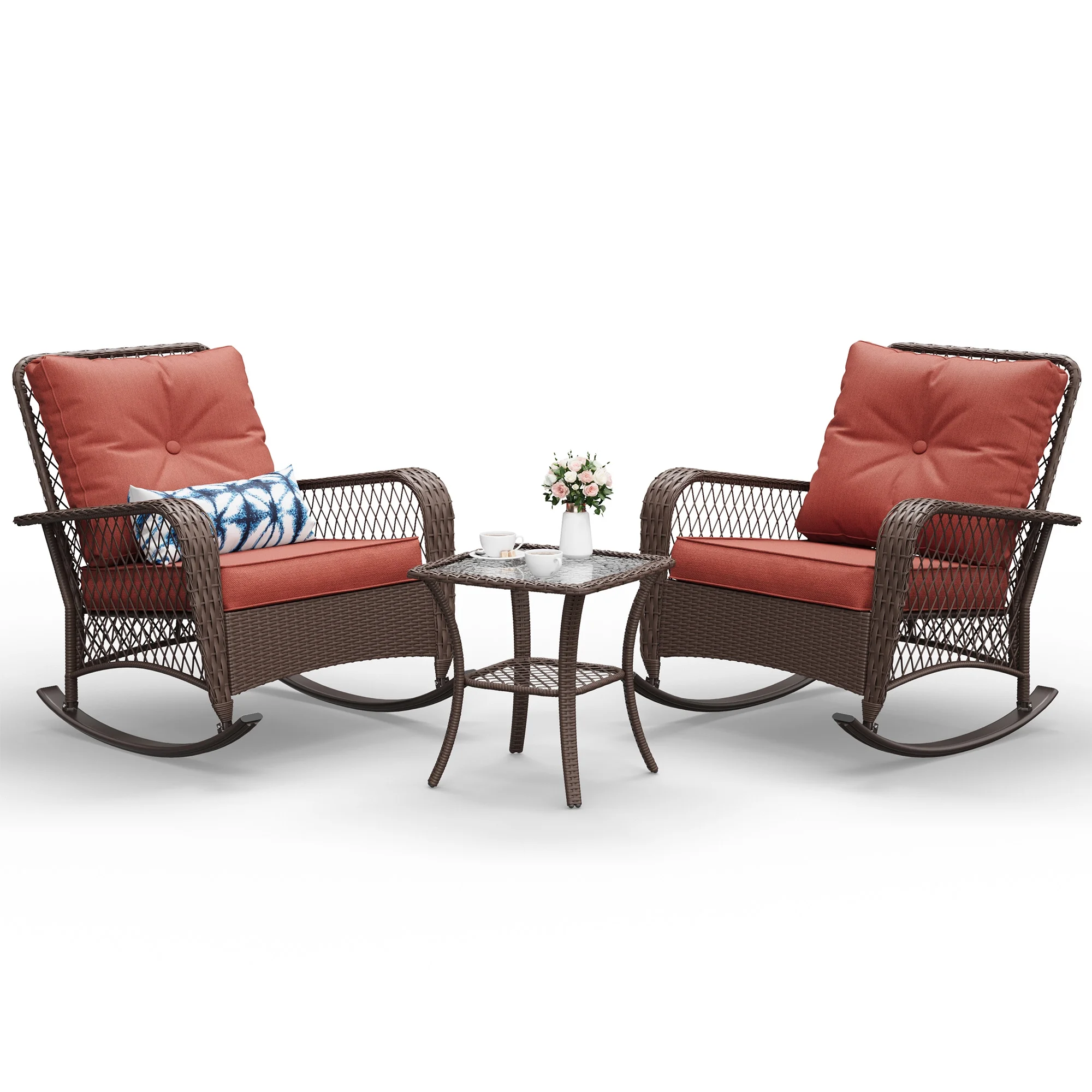 ELPOSUN 3-Piece Outdoor Rocking Chairs, Wicker Patio Furniture with Thickened Cushions and Table for Porch - Image 24