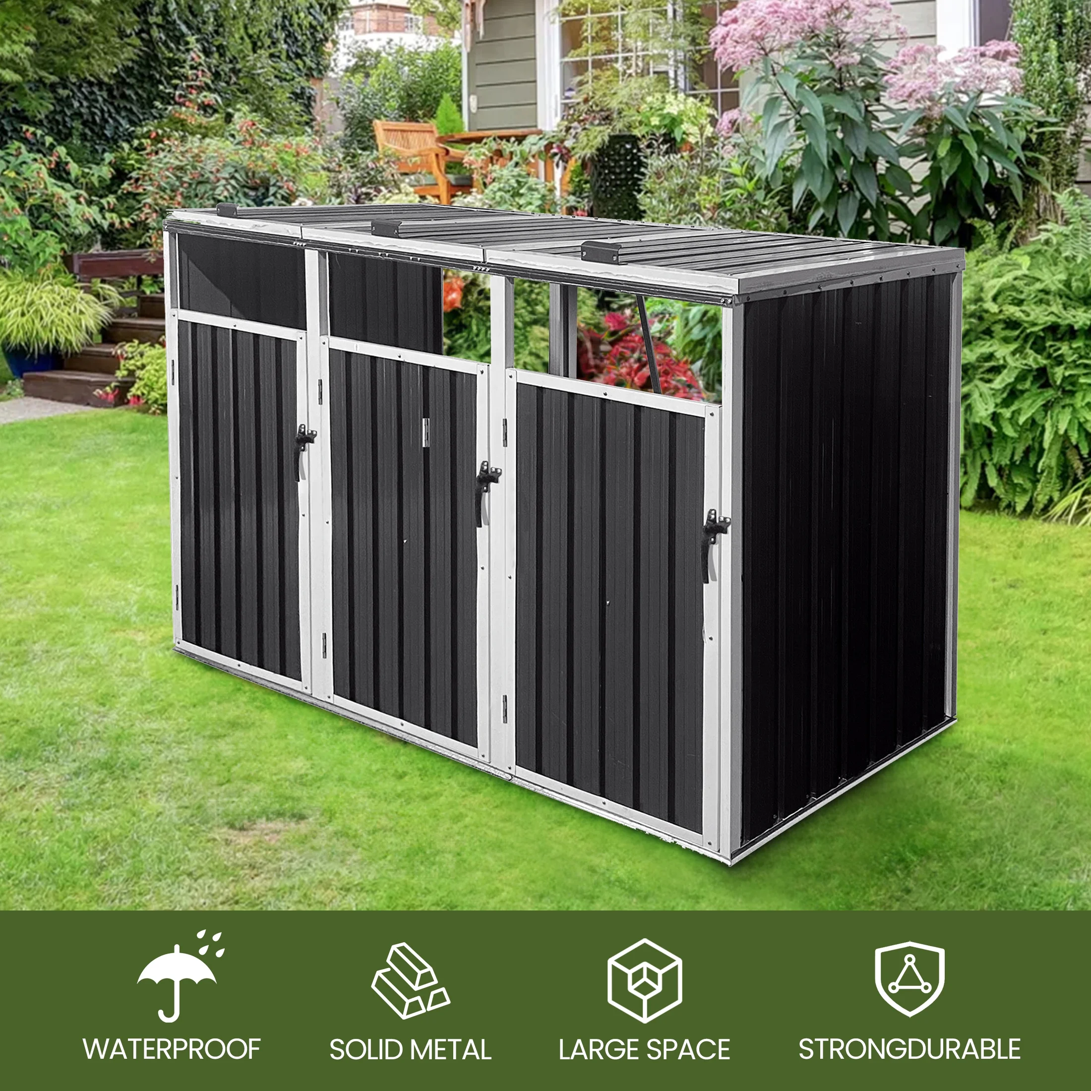 Aukfa 7.3' W Outdoor Garbage Bin Storage, Metal Storage Shed for 3 Trash Cans Tools, Waterproof Trash Can Storage - Image 6