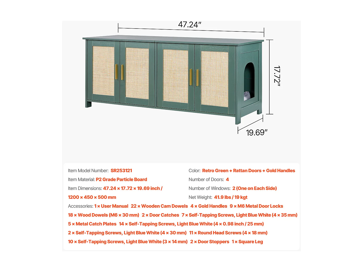Meuble Bac à Litière SucceBuy Chat Armoire Cache Maison de Toilette Chat Intérieur, avec 4 Portes Rotin et 2 Entrées, Niche Cache-litière Bois, 120x45x50 cm