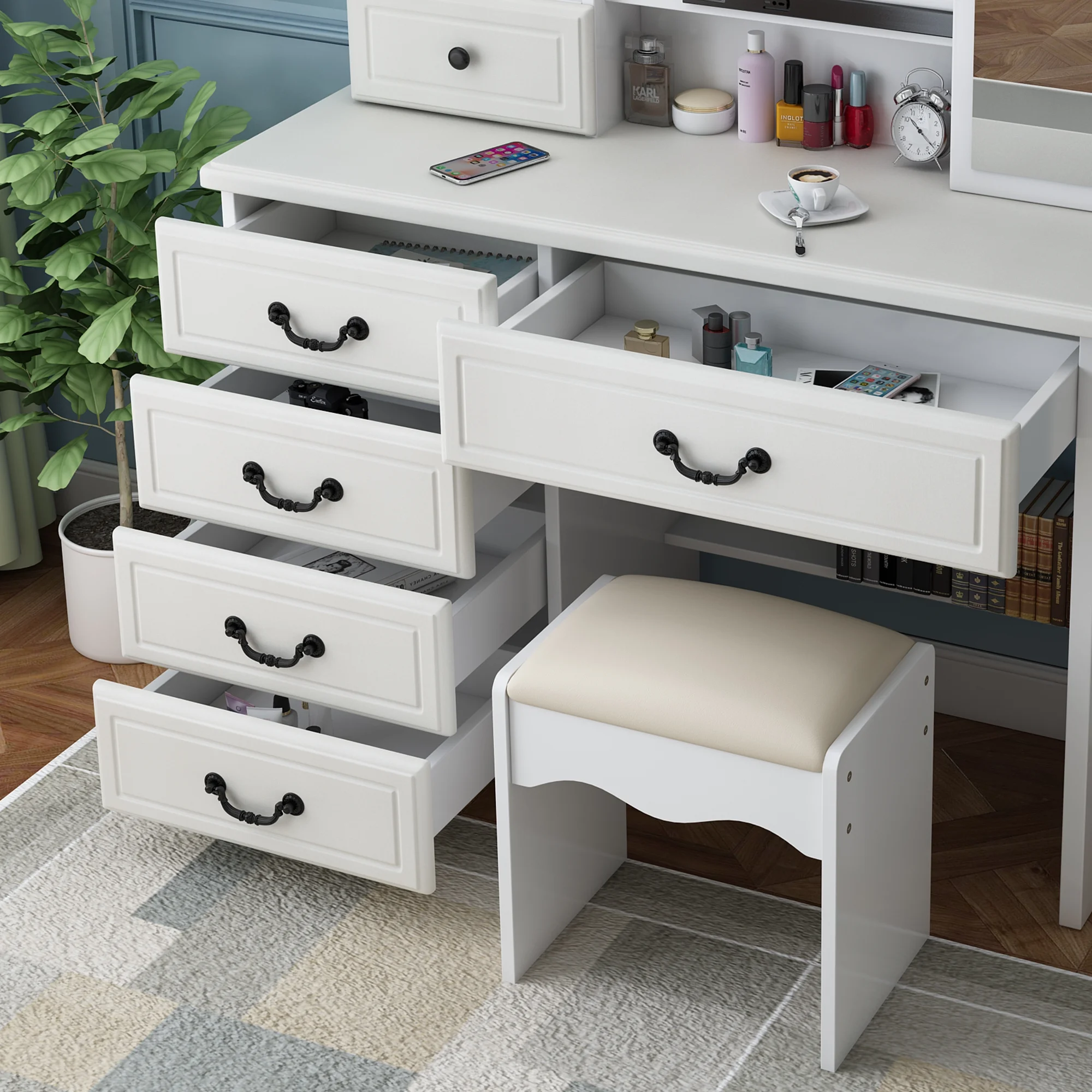 Montary Modern Mini Vanity w/Adjustable LED Mirror + Hidden Storage, Padded Stool & Dustproof Shelves (White) - Image 151