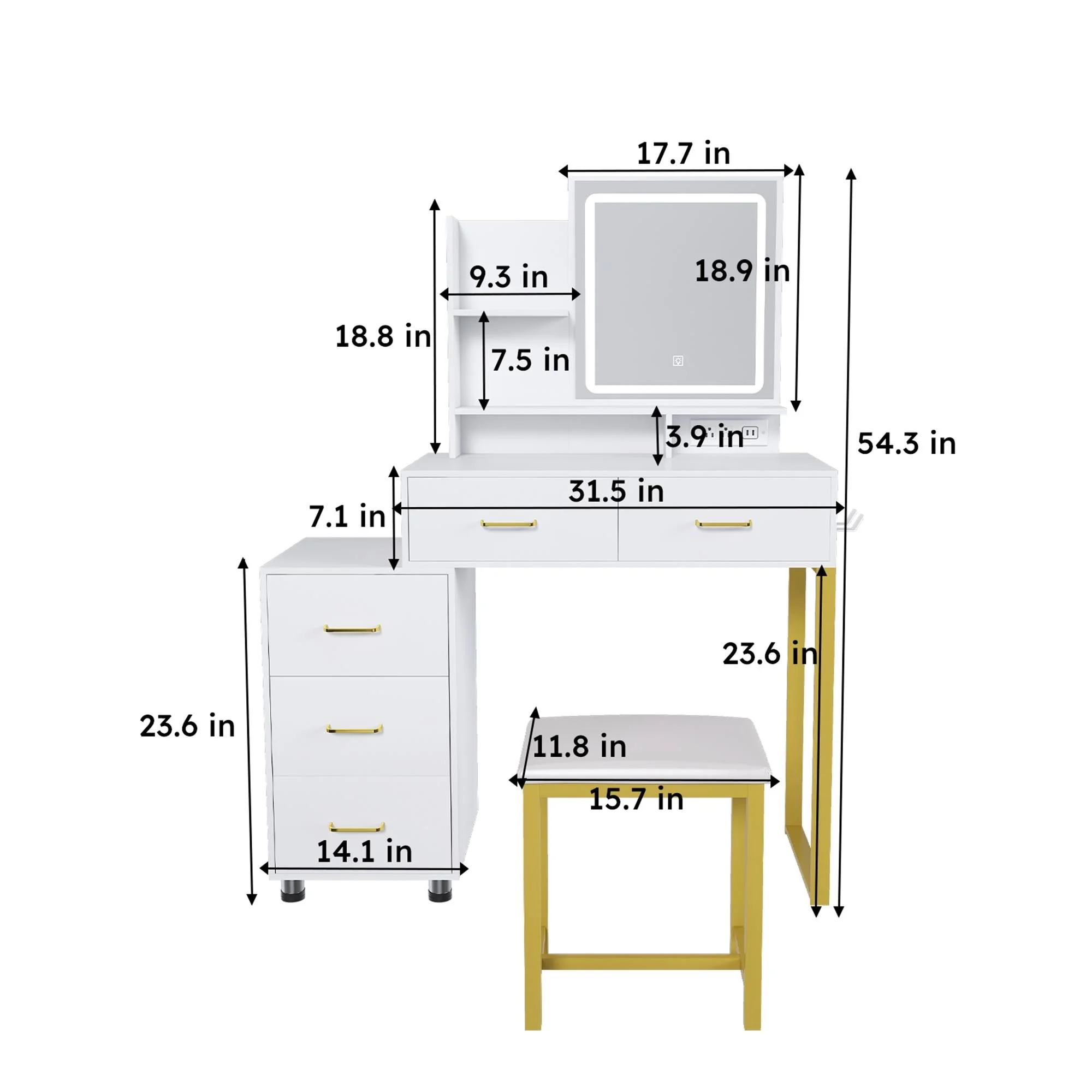 Montary Modern Mini Vanity w/Adjustable LED Mirror + Hidden Storage, Padded Stool & Dustproof Shelves (White) - Image 106