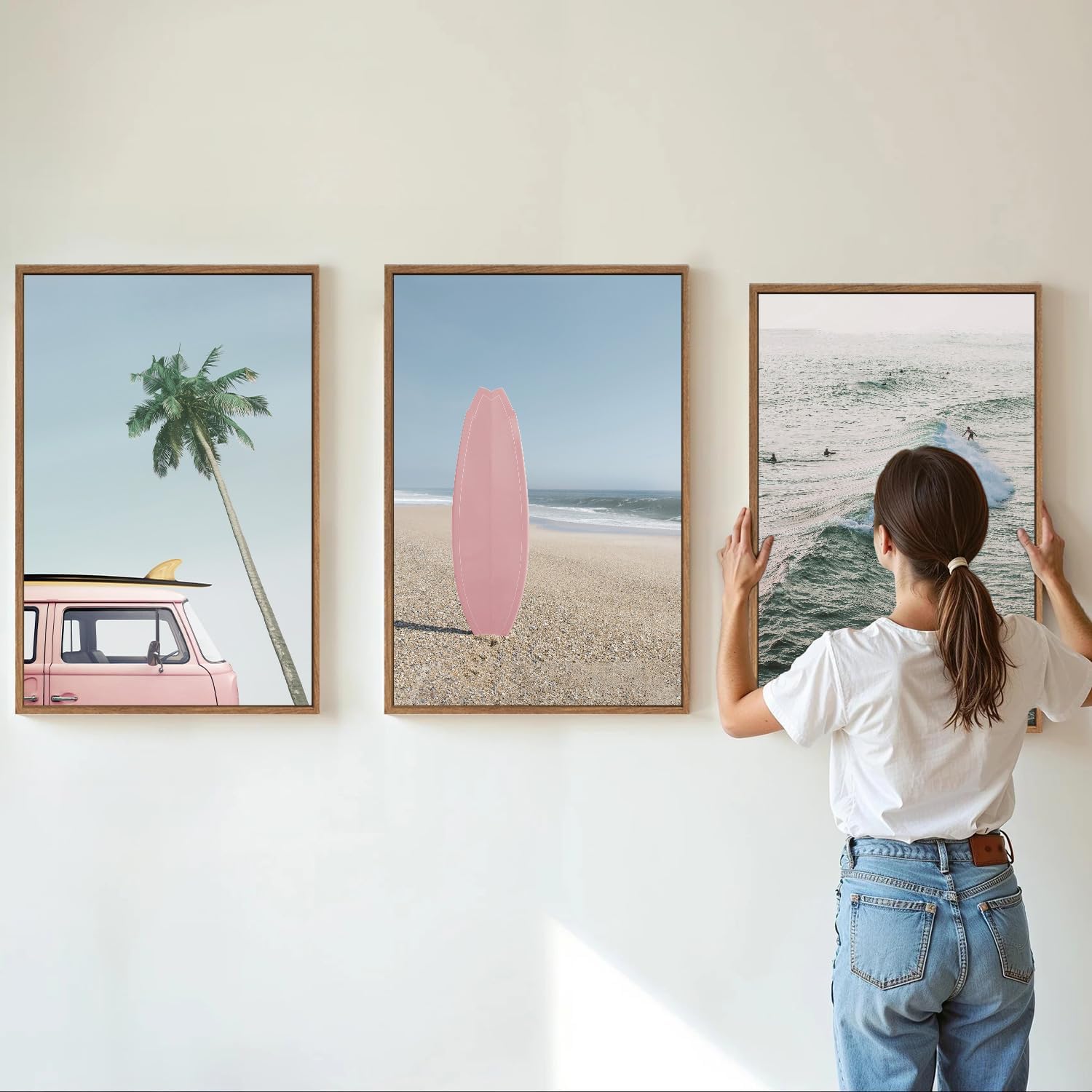 Tinonedraw Large Ocean Beach Framed Canvas Wall Art, Summer Coastal Surfboard Wall Decor, Palm Tree Pink Car Artwork, Modern Surfing Seascape Art Prints for Living Room Bedroom Office 16