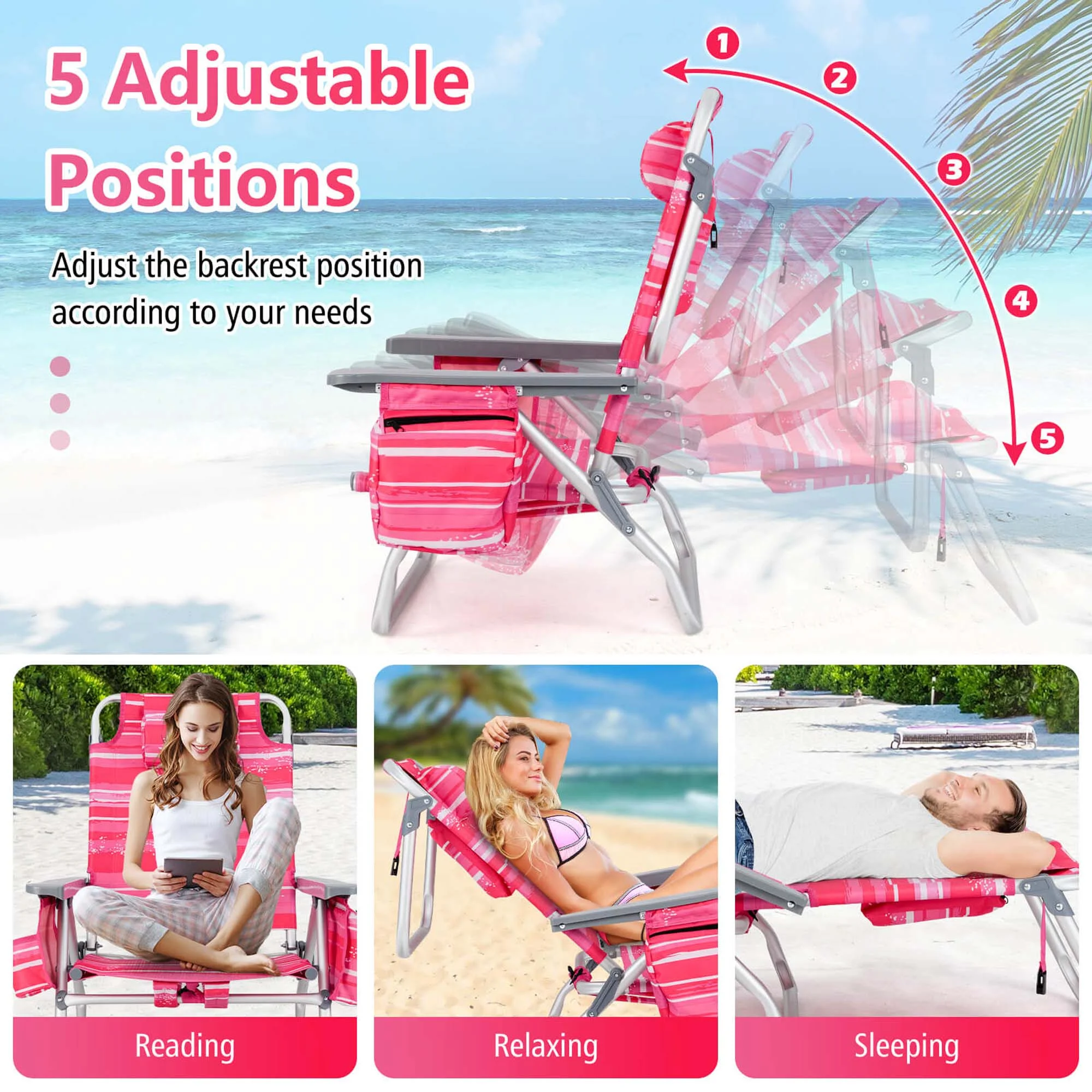 Costway 2-Pack Folding Backpack Beach Chair Table Set 5-Position Outdoor Reclining Chair Pink - Image 62