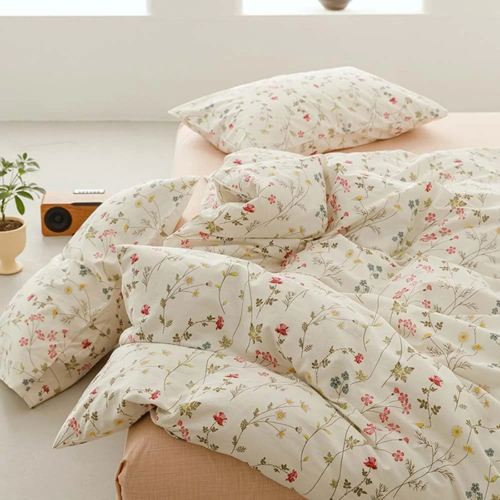 100% pure cotton flower duvet cover with large flower leaves printed on milky white duvet cover, 3 soft and breathable spring bedding items with zipper