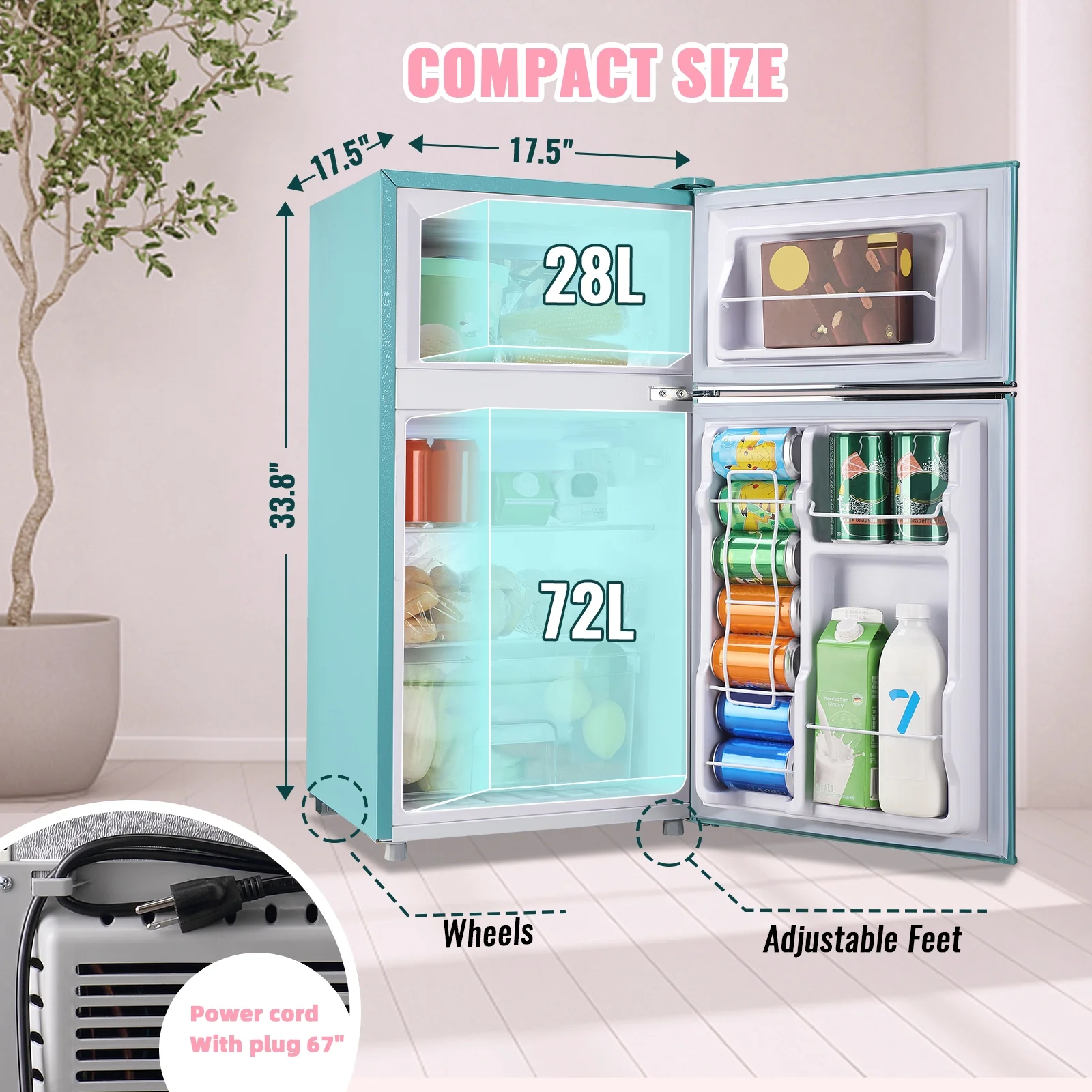 3.5 Cu.ft Compact Refrigerator WANAI Dual Doors Handles Mini Fridge with Top Freezer Blue New - Image 6