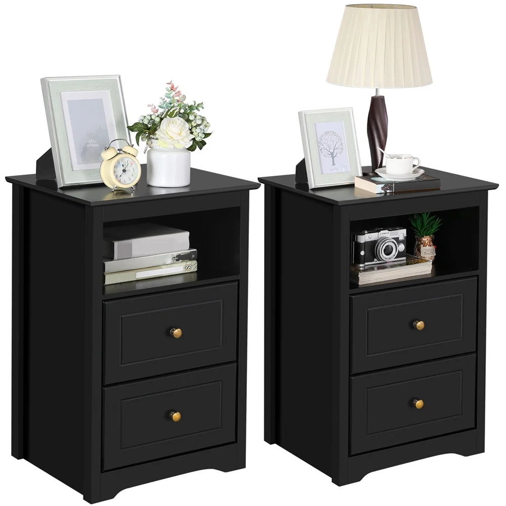 Yaheetech Wooden Nightstand with Storage Drawers and Open Shelf, Set of 2,Black