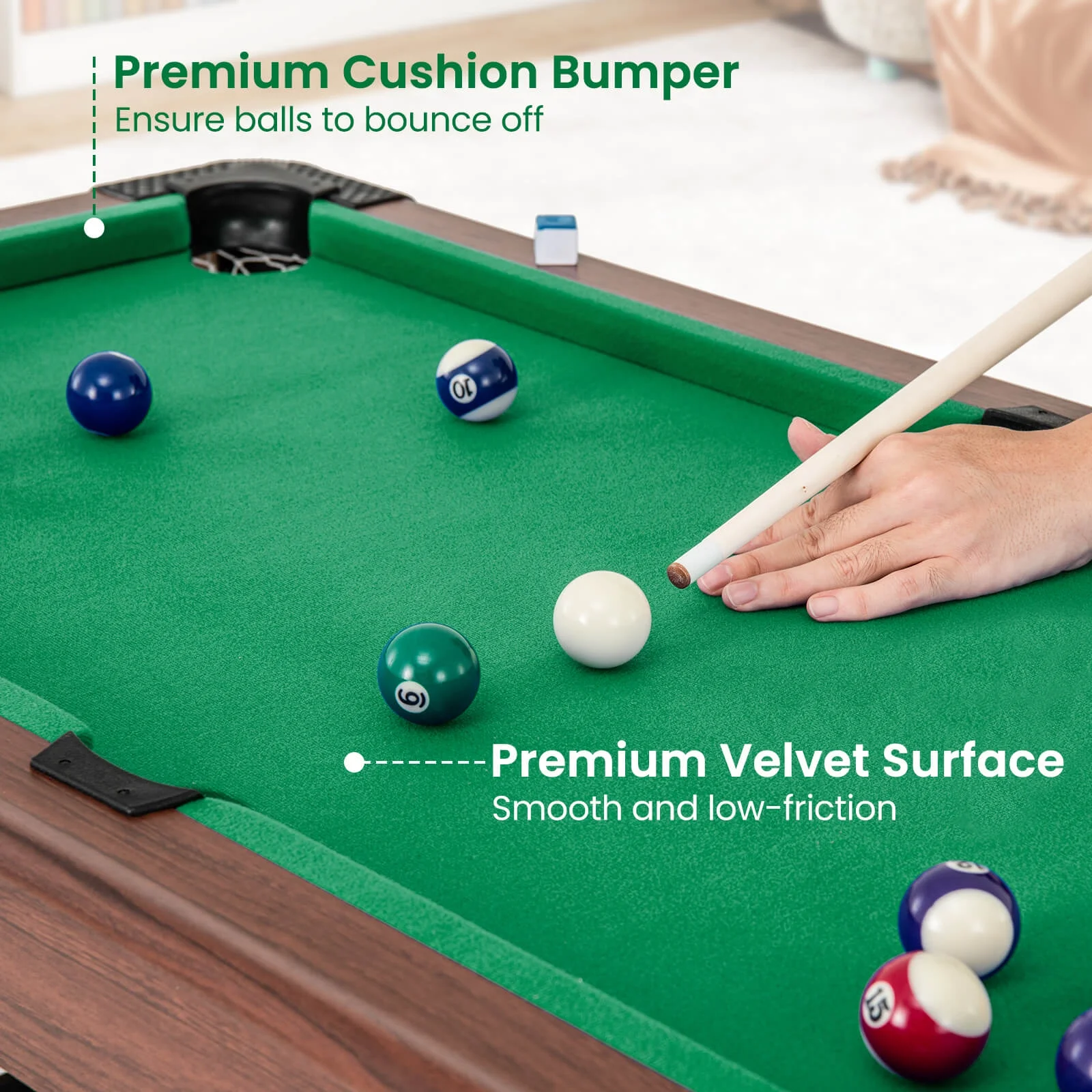 Costway 48" Pool Table for Kids & Adults with Full Set of Balls 2 Cue Sticks 2 Chalks Green - Image 7