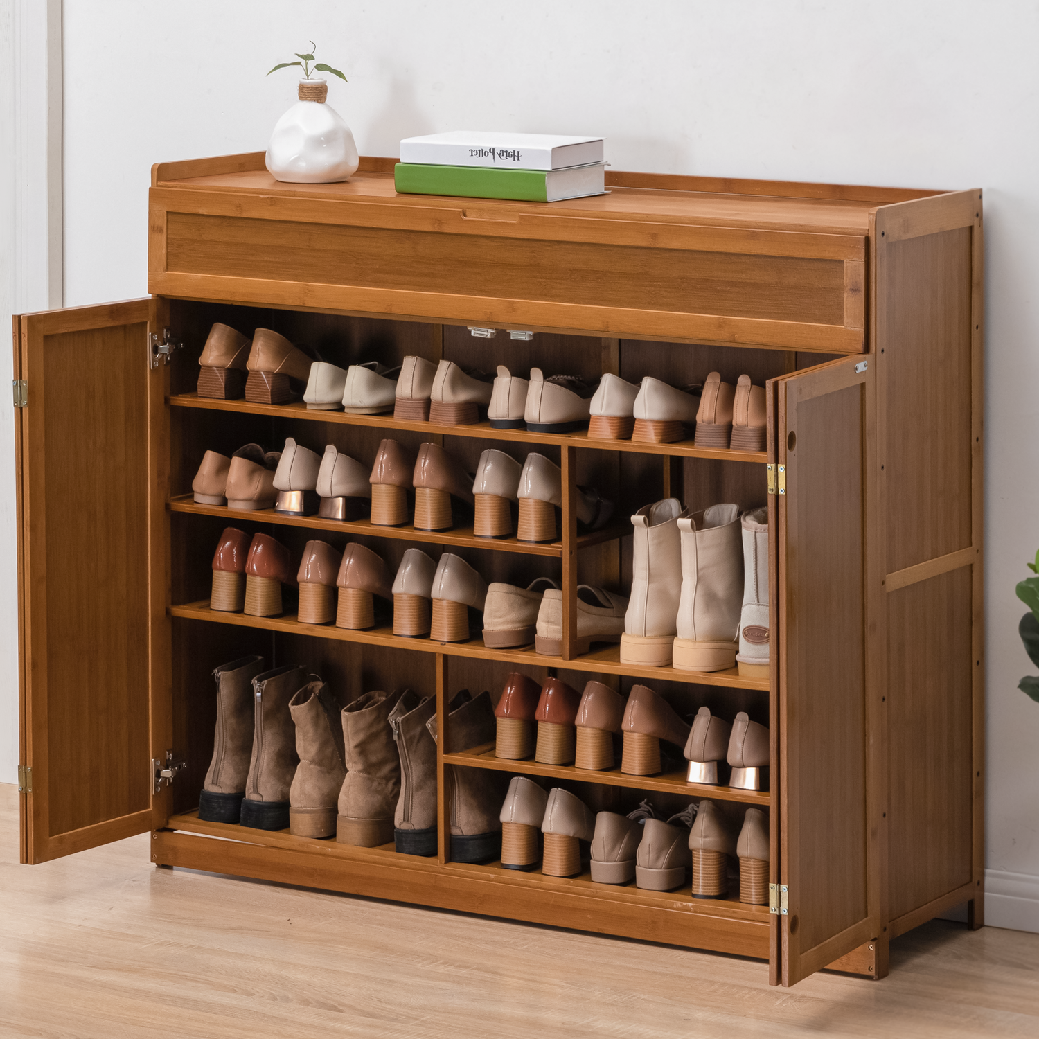 Magshion Bamboo 6 Tier 30 Pairs Shoe Organizer Cabinet with Folding Door Compartment Heels Boots, Brown, for Home - Image 3