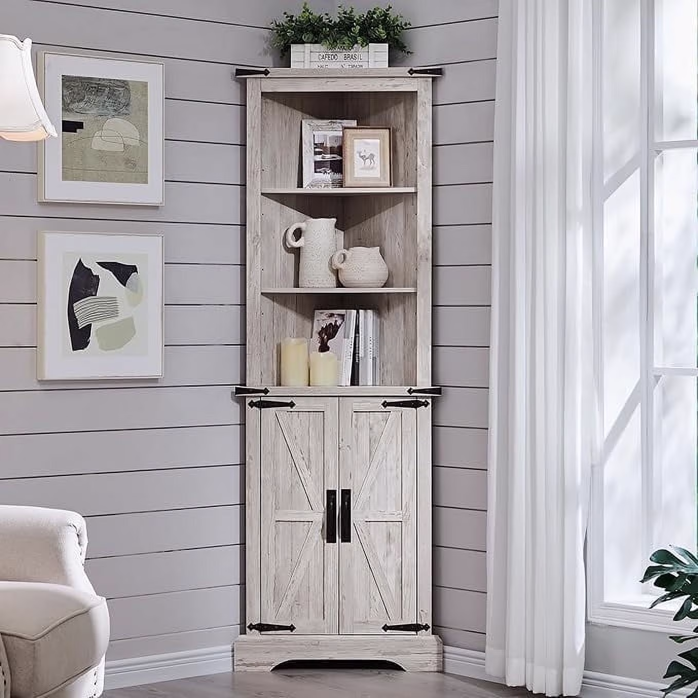 OKD Farmhouse Tall Corner Cabinet with Barn Door & Adjustable Shelves, 68" Rustic Wood Corner Cabinet with Storage Cabinet for Bathroom, Kitchen, Antique White - Image 9