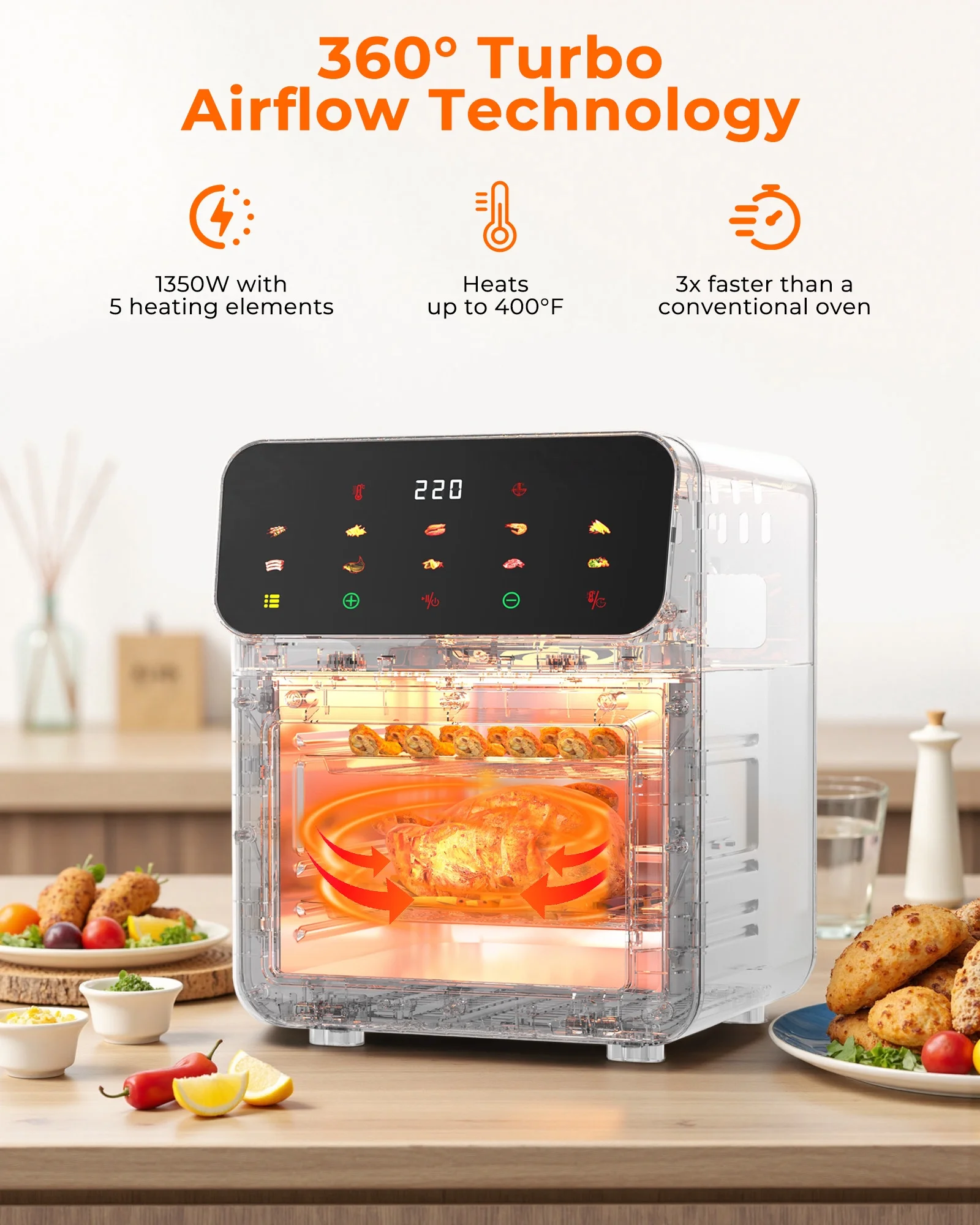 Casualife Air Fryer Oven 12 Qt Max 400F for Cooking, 10 Presets Fry Touch Panel Easy View Window, New Black