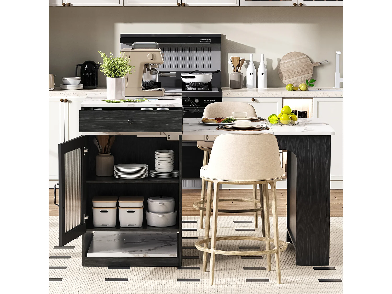 Îlot central de cuisine sur roulettes, prises , porte et 2 tiroirs - table extensible- Blanc et noir