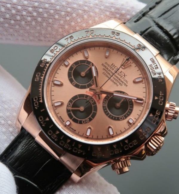 Replica Rolex Daytona 116515 N RG/Black Dial Black Leather Strap A7750 - Elite Watch Atelier