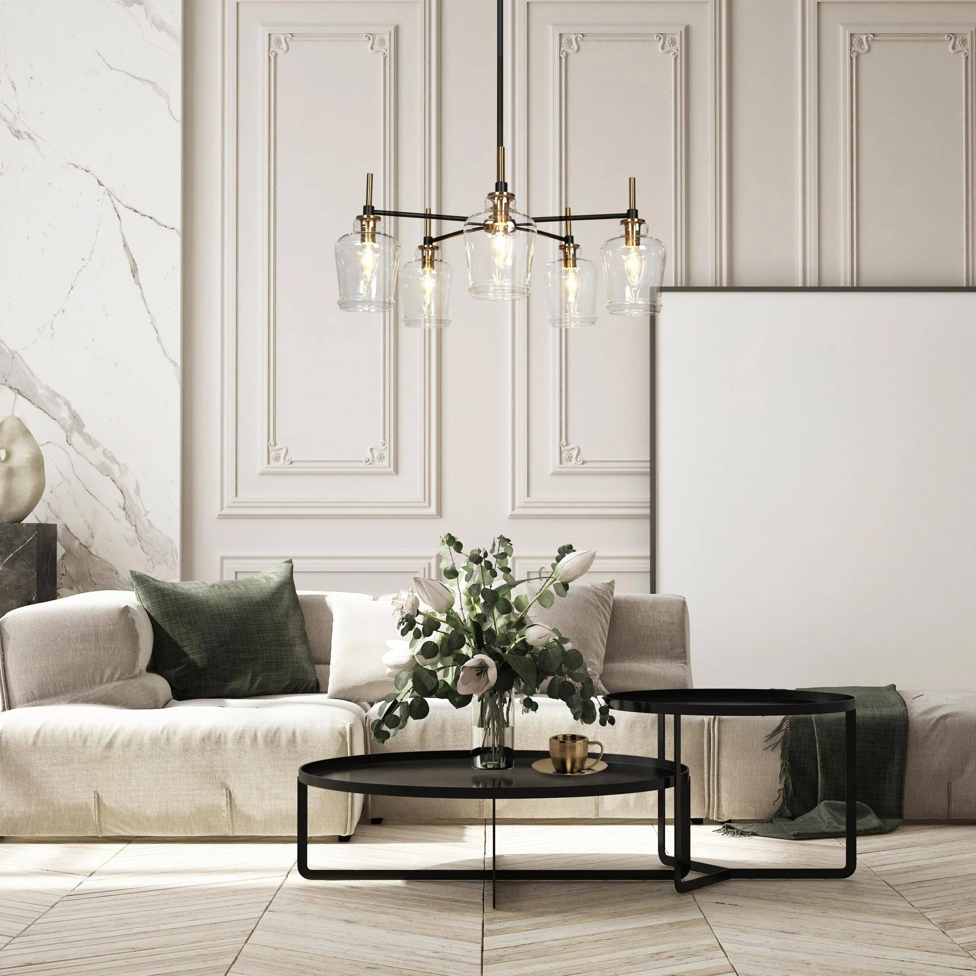 Savonnerie Modern 5-Light Black Gold Wagon Wheel Chandeliers Glass Pendant Light for Kitchen Dining Room 5 5-Light - 25