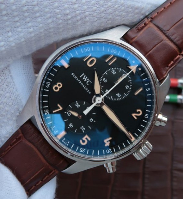 Replica IWC ZF Pilot Chrono SS IW387808 Black Dial Leather Strap - Elite Watch Atelier