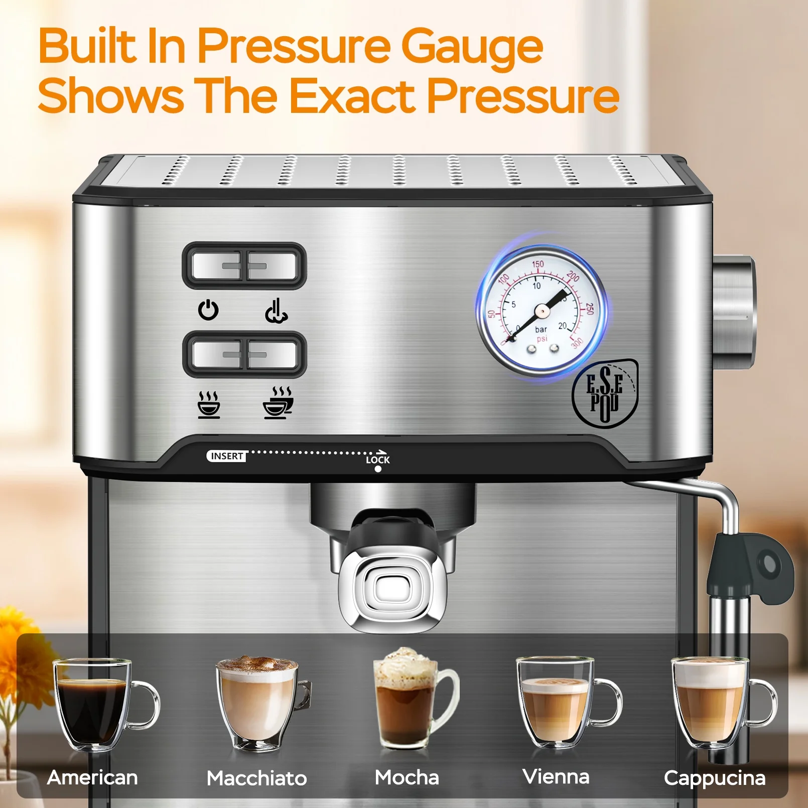 Plum Chef Espresso Coffee Machine, 20 Bar Cappuccino Latte Maker Coffee Machine with ESE POD Capsules Filter&Milk Frother, 1.6L Water Tank, for Home Barista, Stainless steel, 850W