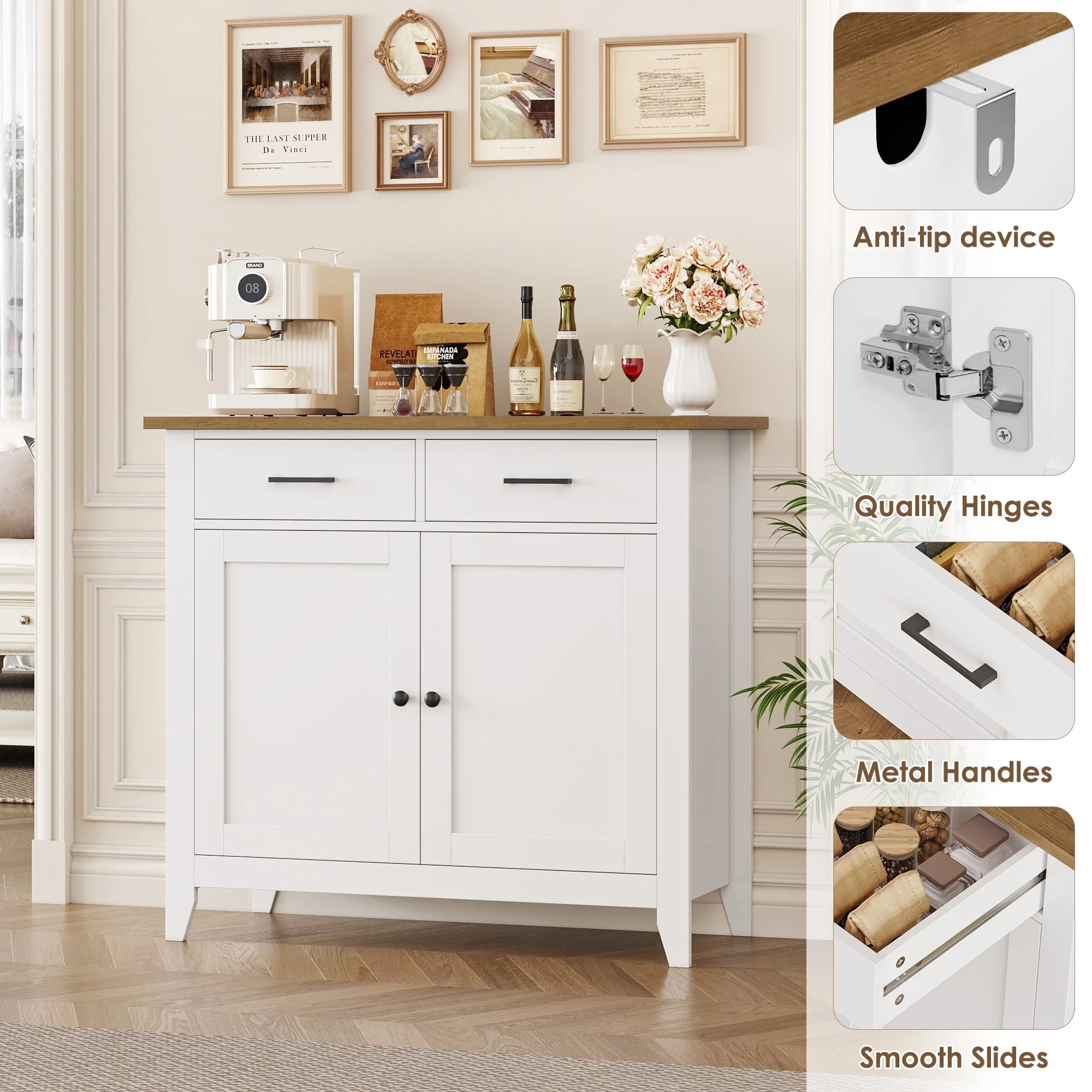 Homfa Entryway Cabinet, Kitchen Storage Cabinet, Farmhouse Buffet Sideboard with 2 Drawers and 2 Doors,Coffee Bar with Storage for Dining Room Living Room,White - Image 6