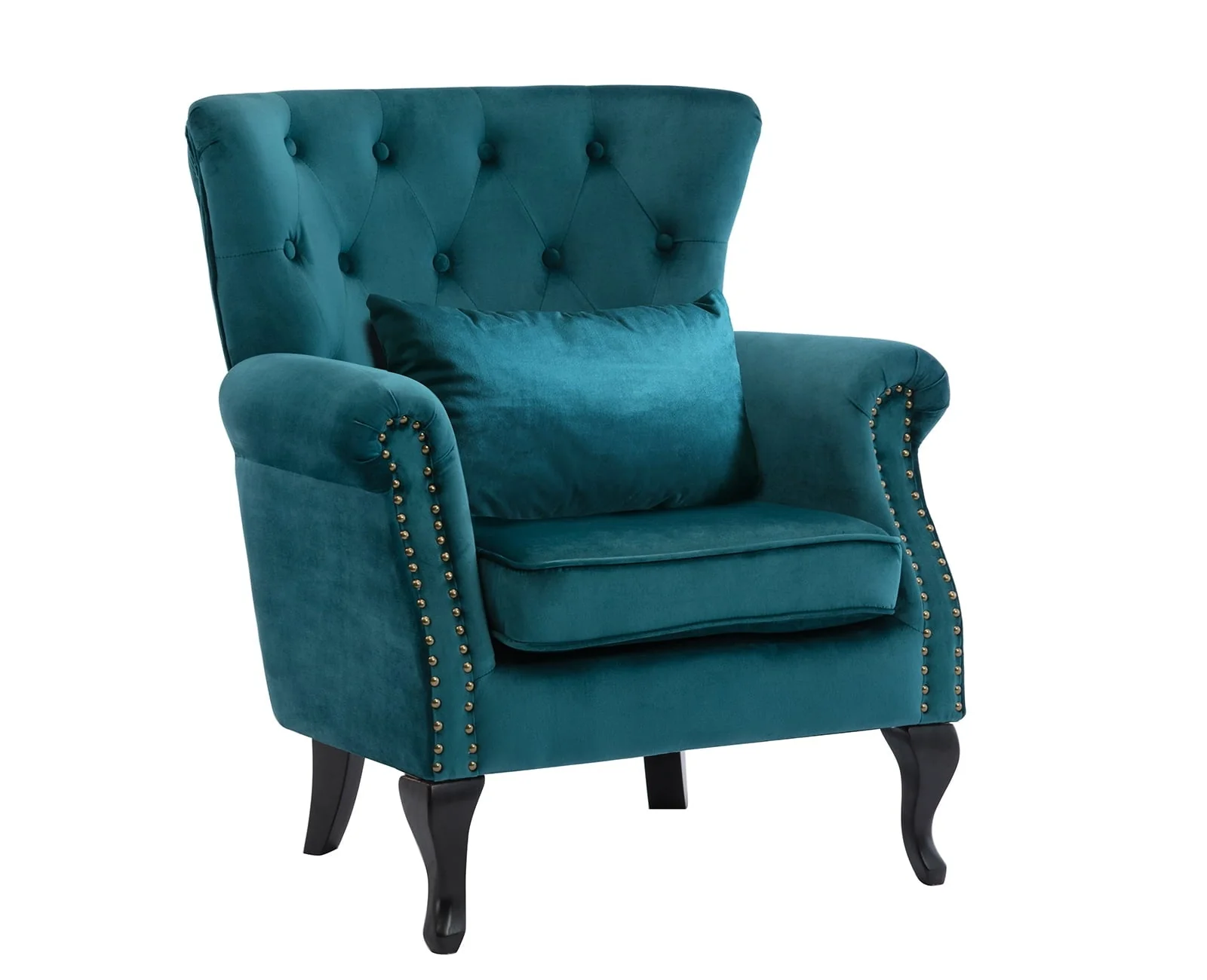 Guyou Mid Century Accent Chair Modern Button Tufted Armchair Wingback Club Chair Velvet Single Sofa Lounge Chair with Pillow for Living Room Bedroom, Teal Blue - Image 15