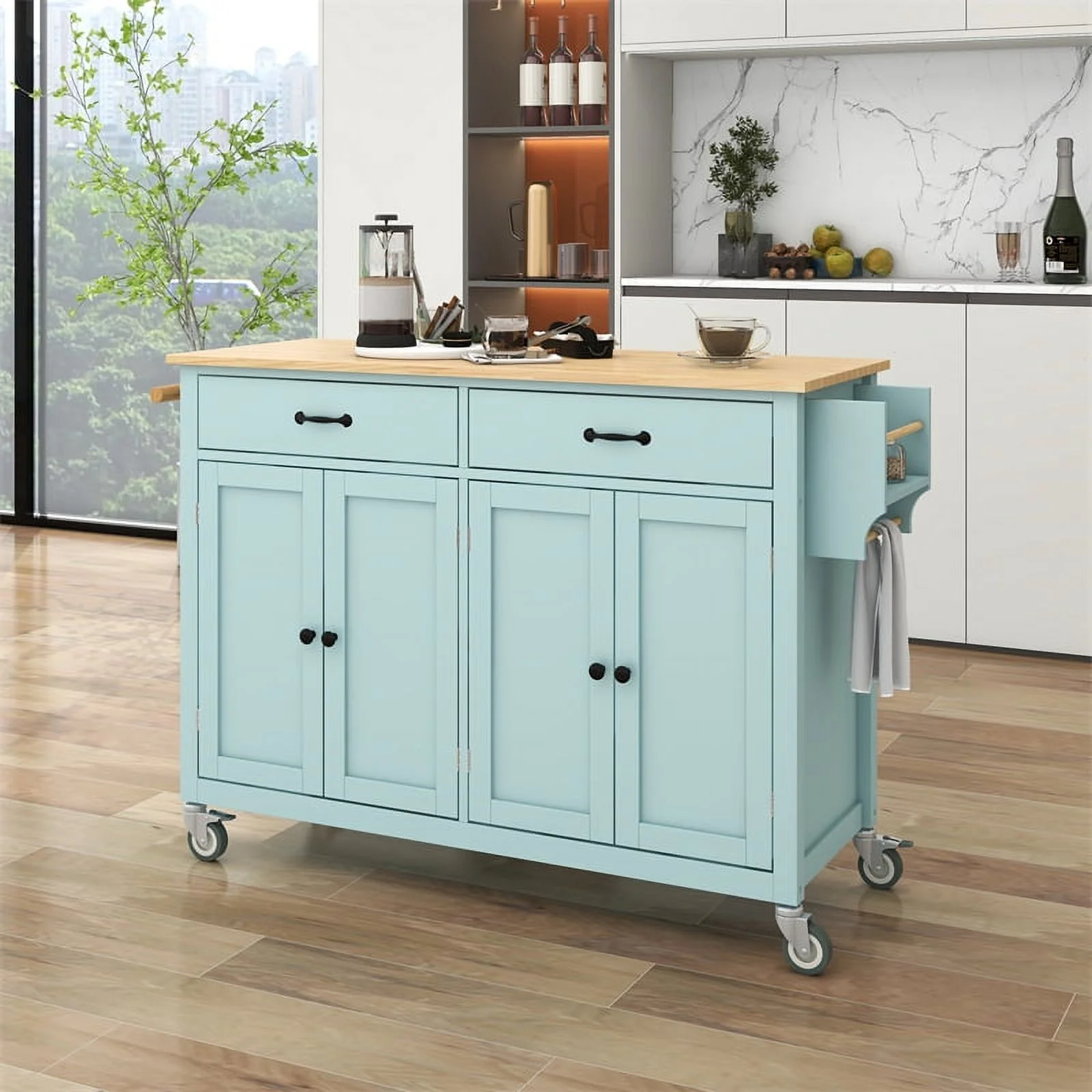 Kitchen Storage Islands&Carts with Solid Wood Top and Locking Wheels, Kitchen Island Cart with 4 Door Cabinet and Two Drawers, Kitchen Cabinets for Kitchen and Dining Room, Green - Image 7